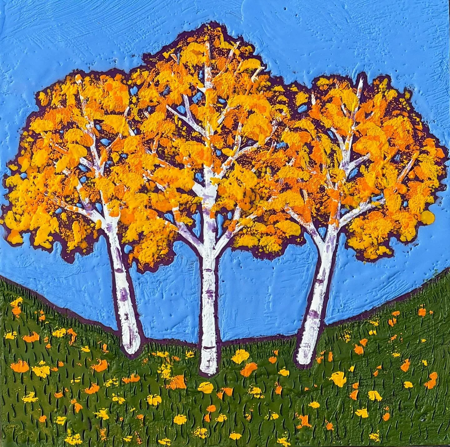 Four birch tree paintings found new homes last week, ranging in size from 6&rdquo; x 6&rdquo; to 36&rdquo; x 48&rdquo;. These two littles were created just for the Crane estate art sale, and both sold. I&rsquo;m working on both a larger birch tree pa