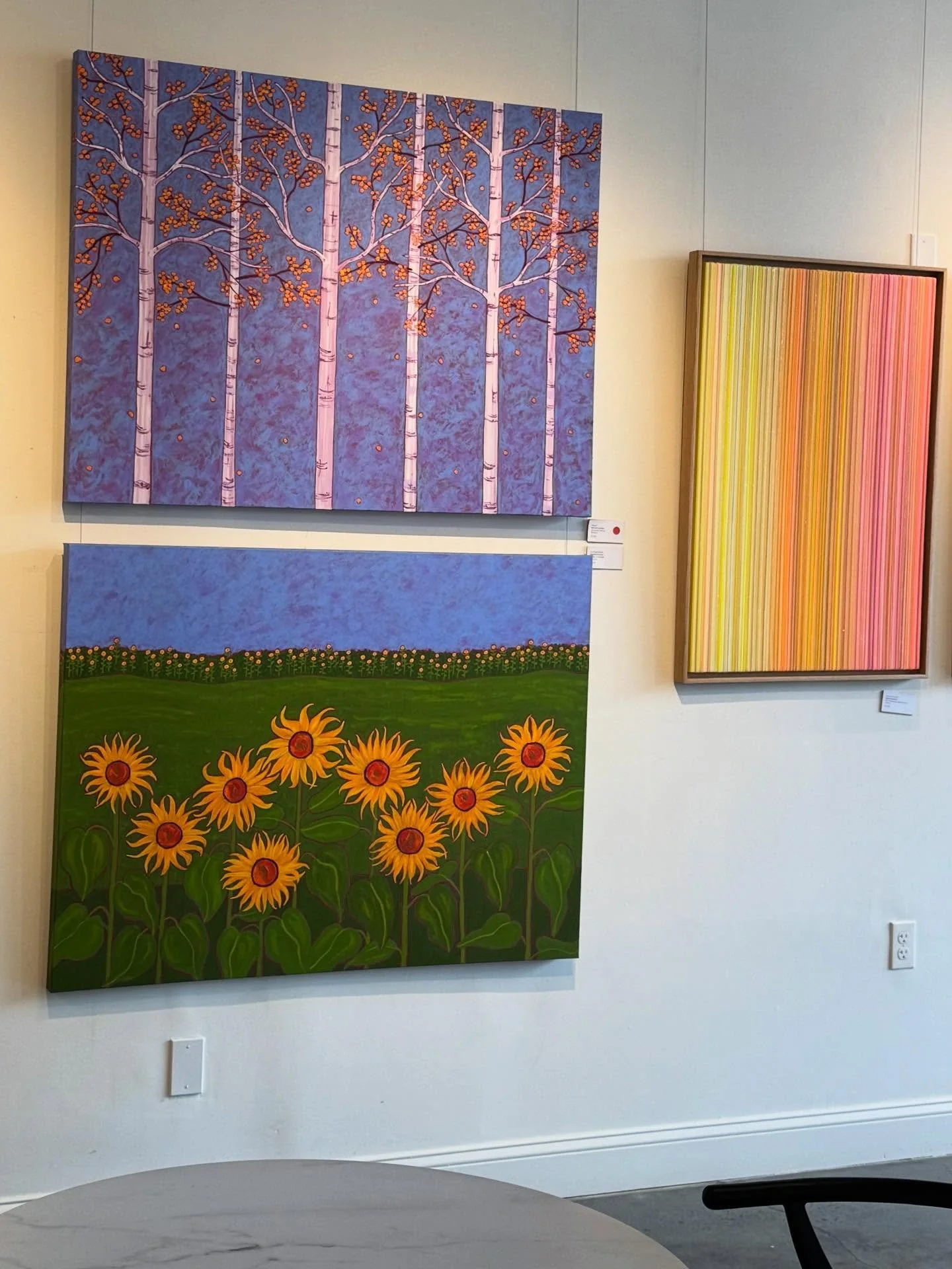 So happy to see this red dot when I dropped off some new paintings @galarayhouse yesterday. Thank you so much, Molly &amp; Ray, for finding a home for Mosaic!! I am grateful for all of your hard work. 🙏🏻
.
The beautiful piece on the right is by Ste