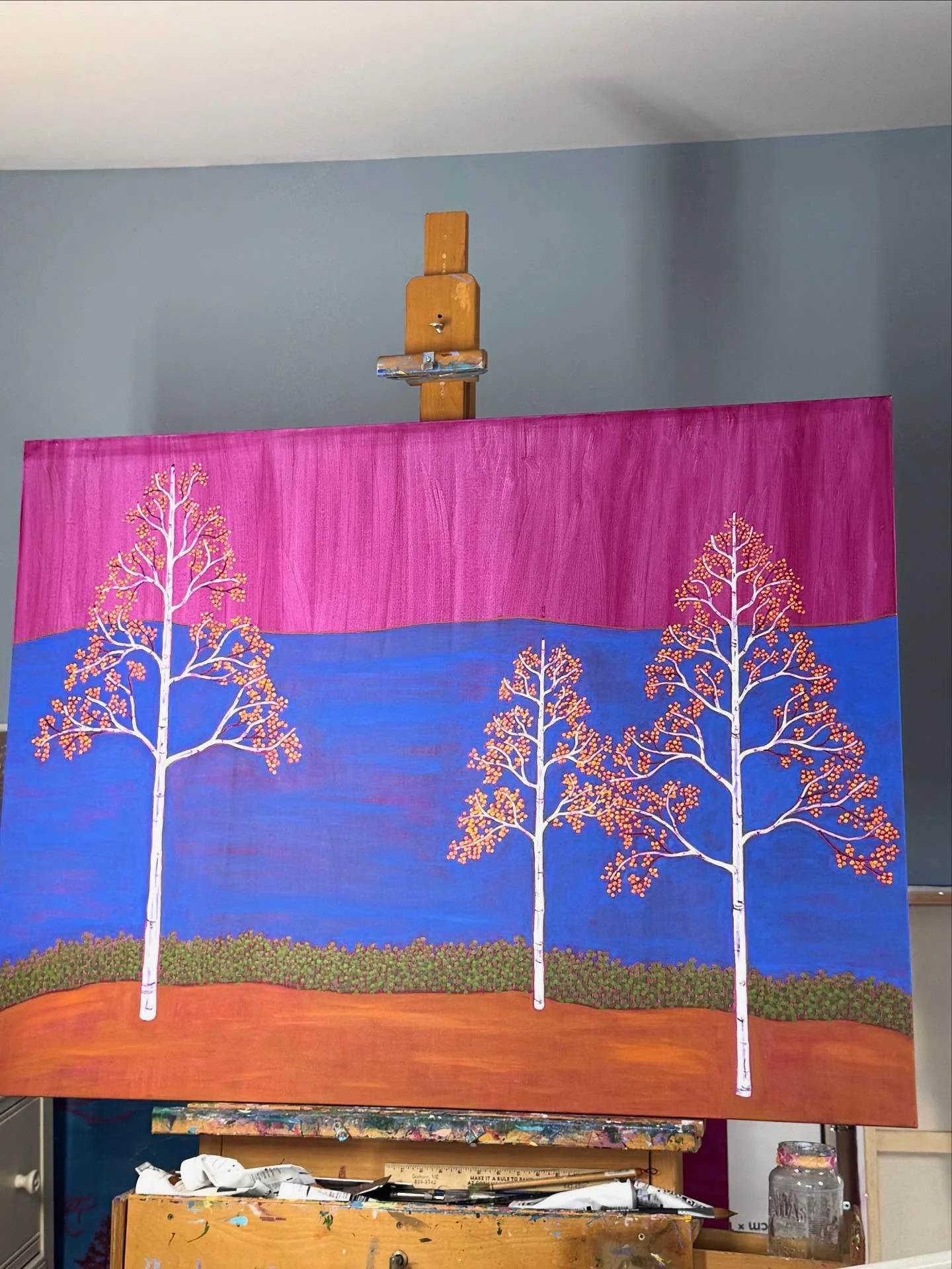 Sitting here with a giant mug of coffee contemplating where to go next with this piece, since it has morphed over time from my original conception, as paintings always do. I listened to a great podcast once on the work habits of David Hockney. He tak