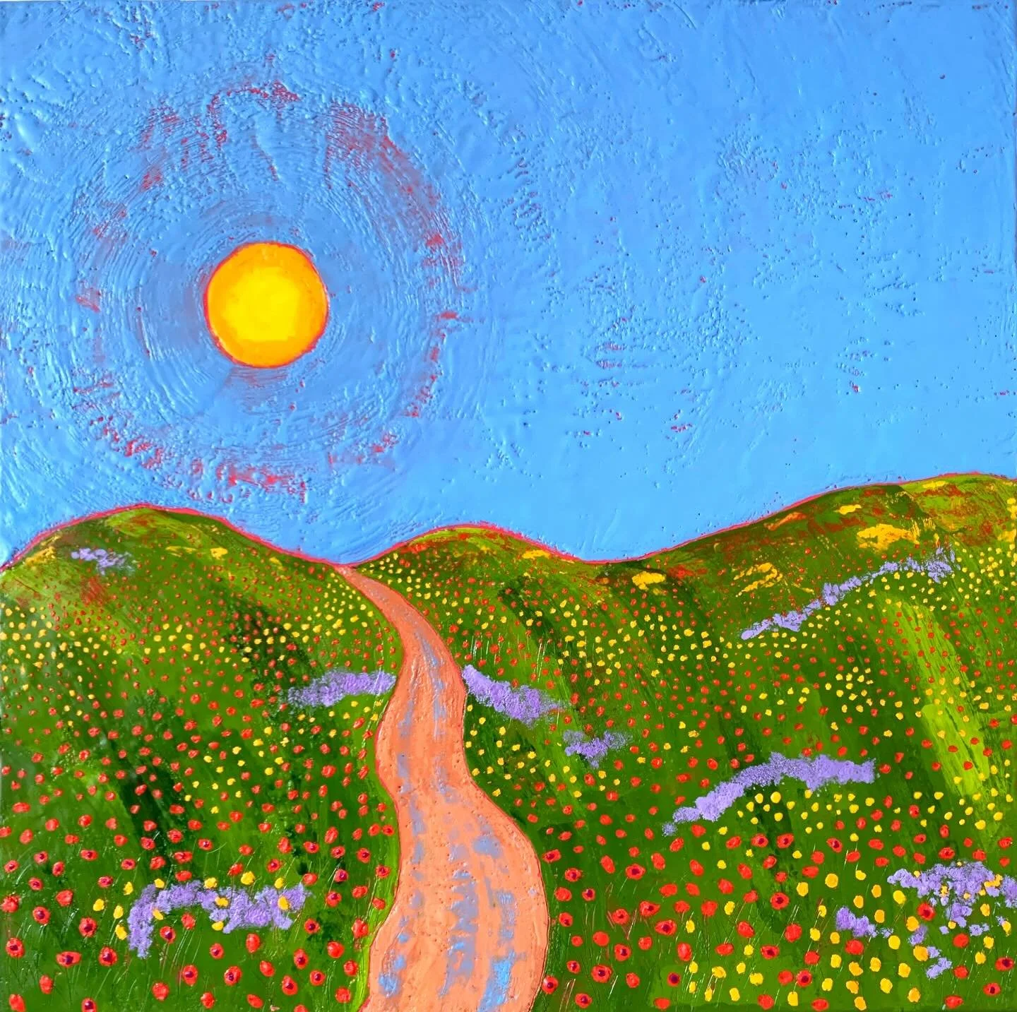 #9 in the most popular paintings of 2025 countdown: Path to the Sun, 16&rdquo; x 16,&rdquo; encaustic on panel. This may be my happiest painting ever - I just want to skip down that path! This one&rsquo;s available at Edgewater Gallery, VT. 
.
.
#joy