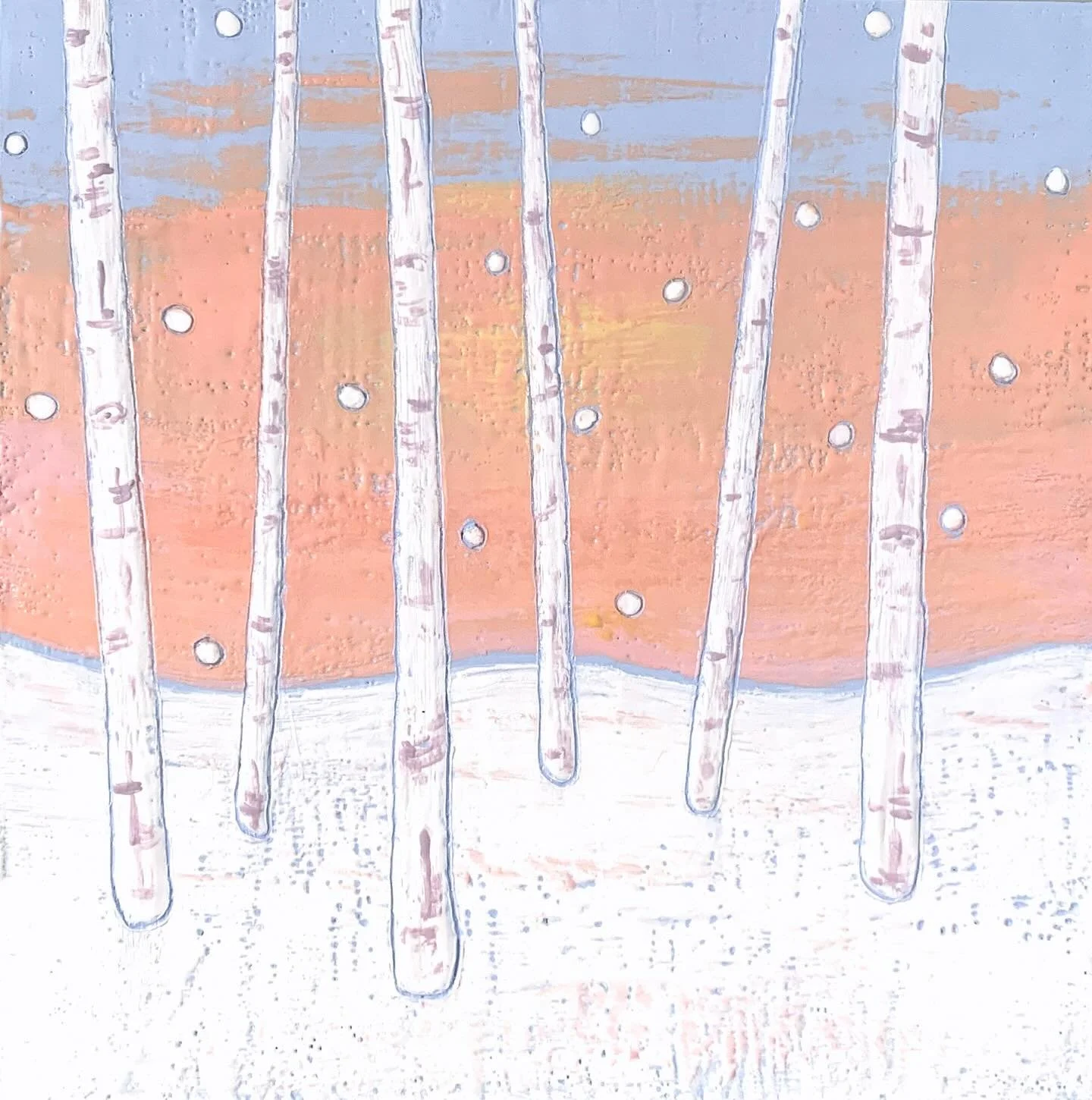 Happy Winter Solstice! I love walking through the birch woods nearby when there is a light snow falling. It is so peaceful. This winter painting highlights the beautiful, subtle colors of winter. The warm peach tone adds the perfect touch of subdued 