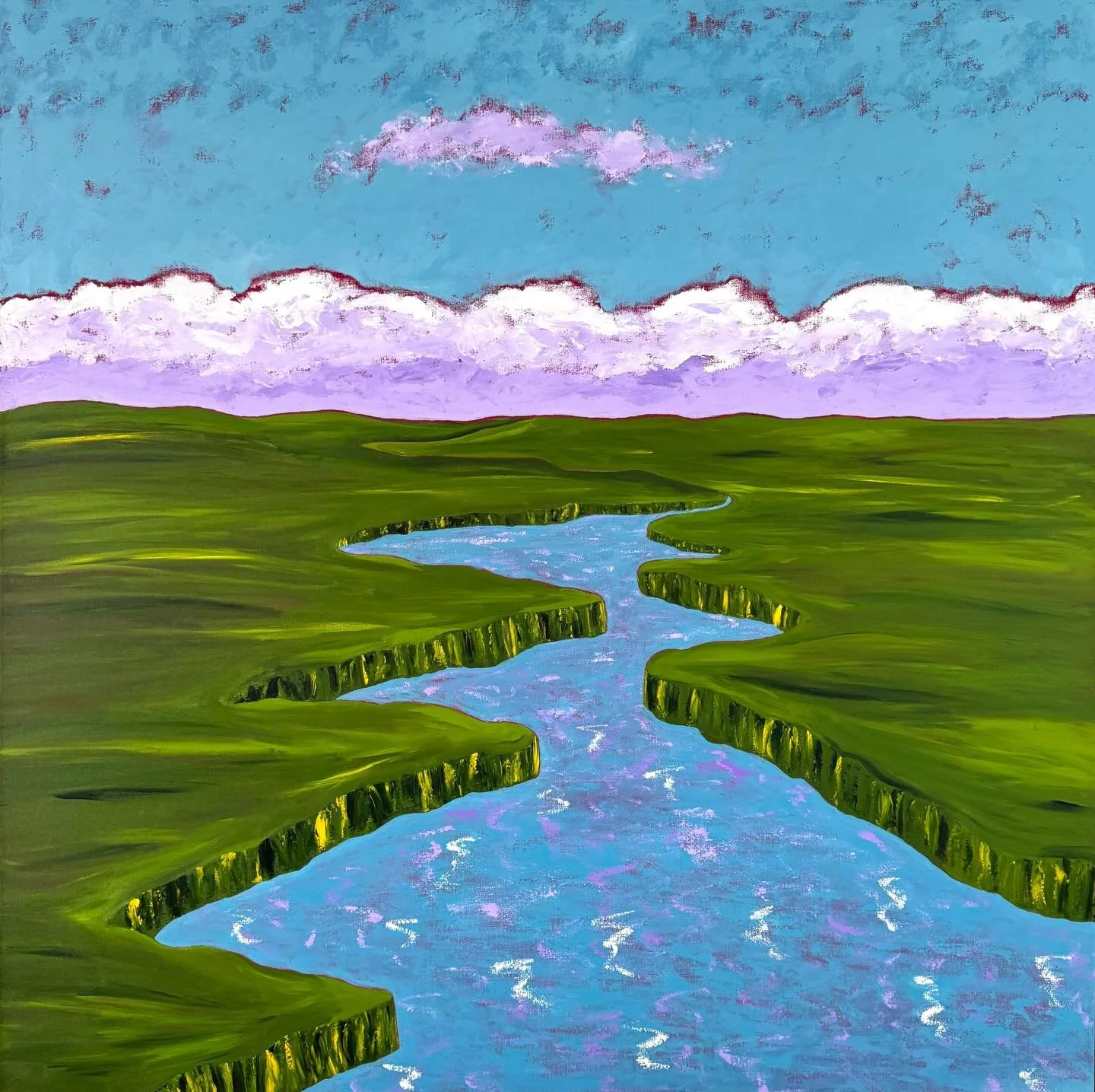 I decided to go BIG with my first painting of 2026. Morning Meditation is 48&rdquo; x 48,&rdquo; acrylic on canvas. I wanted this piece to be soothing, with its soft purples, but also have an underlying positive energy to it, from the vibrant greens 