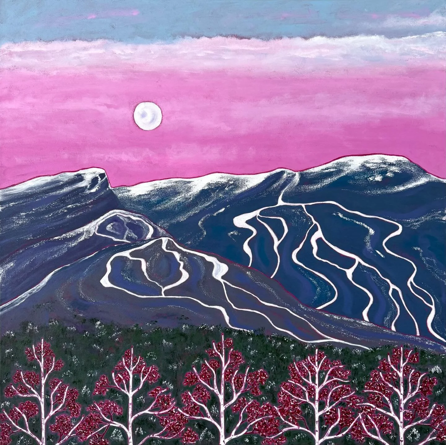 And here&rsquo;s Skier&rsquo;s Moon - 36&rdquo; x 36&rdquo; - inspired by a photograph by the amazingly talented Alex Dall&rsquo;Olmo @alexd_vt  Alex shot this image of the full moon setting behind Mt. Mansfield from Sunset Rock in Stowe&nbsp;around 