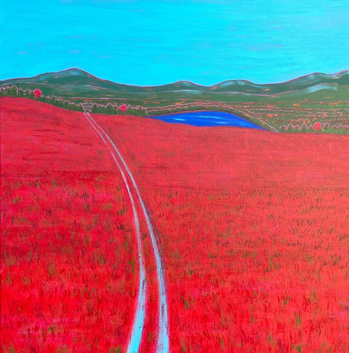 🔴 Sold! Many thanks to Molly &amp; Ray @galarayhouse for finding a lovely home for A Glimpse of the Lake. The fiery reds of Maine&rsquo;s blueberry barrens in late fall are one of my favorite subjects. So quintessentially Maine! I lost track of how 