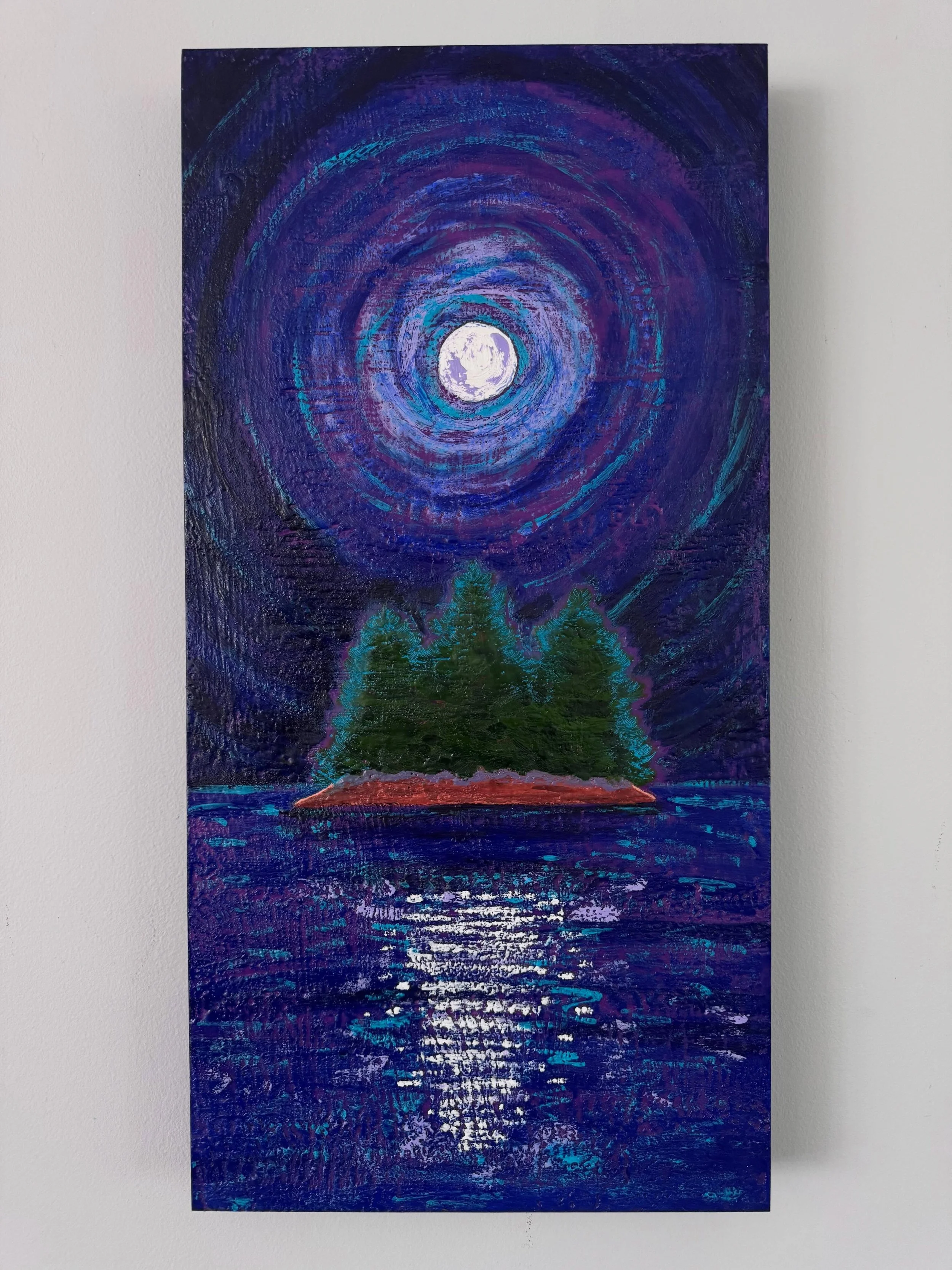 It&rsquo;s been a bit since I painted a full moon sending its light dancing across the water, but some moments are just so darned beautiful I can&rsquo;t help but paint them. Every time we get a night like this I thank my lucky stars we live in Maine