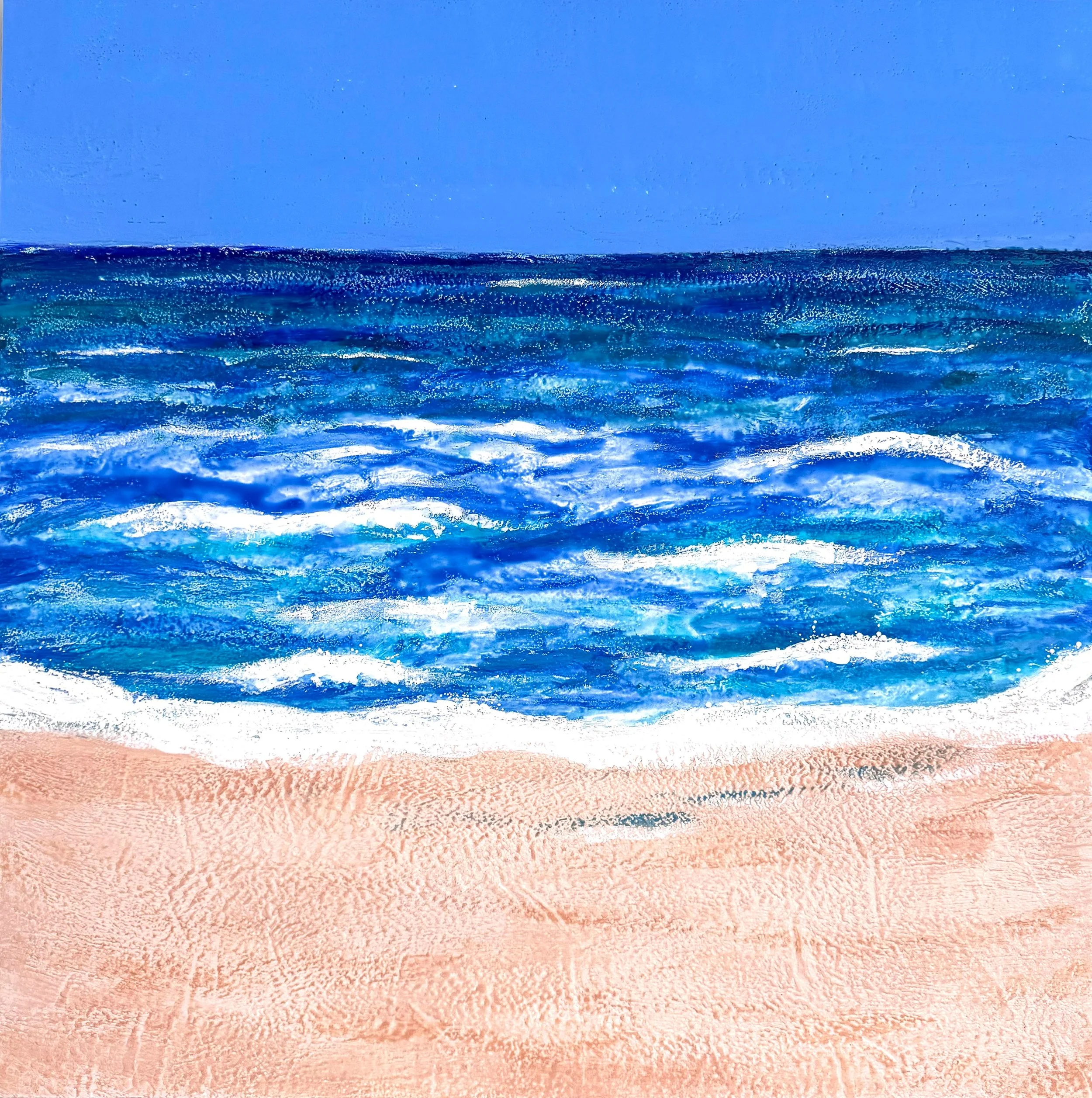 Can we just hit the pause button and stay in the best days of summer for a while? Here&rsquo;s to long days at the beach, soaking up the sun and surf. Beach Day, 30&rdquo; x 30&rdquo; encaustic on panel, full of texture and motion, is now on view and