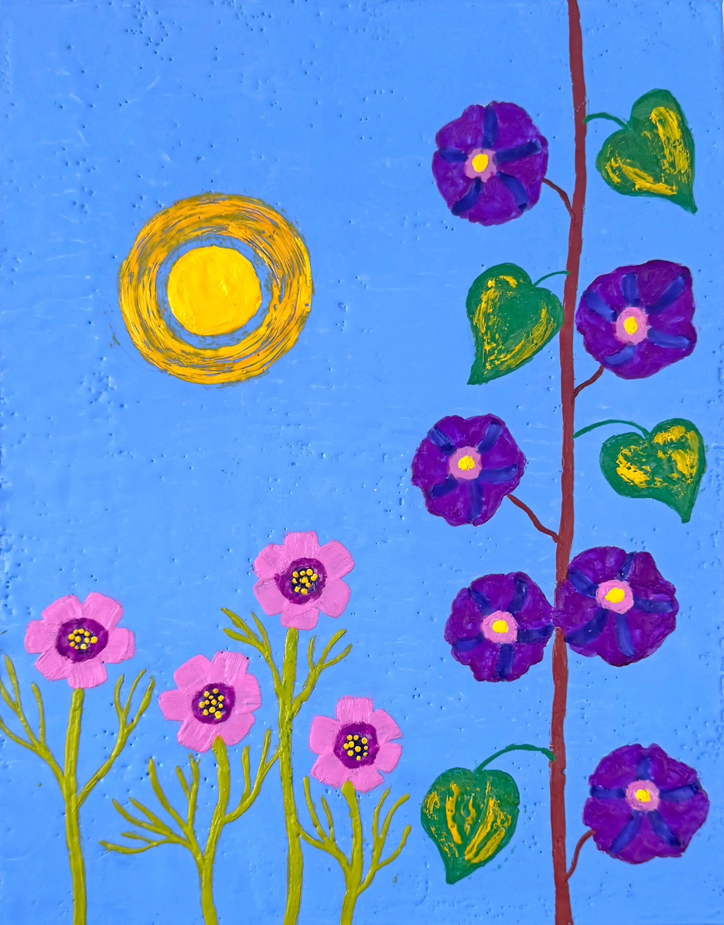 New! Yes, summer means beach time, but it&rsquo;s also the time for gardens bursting with color and a bit of wild energy. Here, a patch of cosmos and morning glory soak up the pulsating energy of the sun. Morning Glory, 14x11, was just added to my we