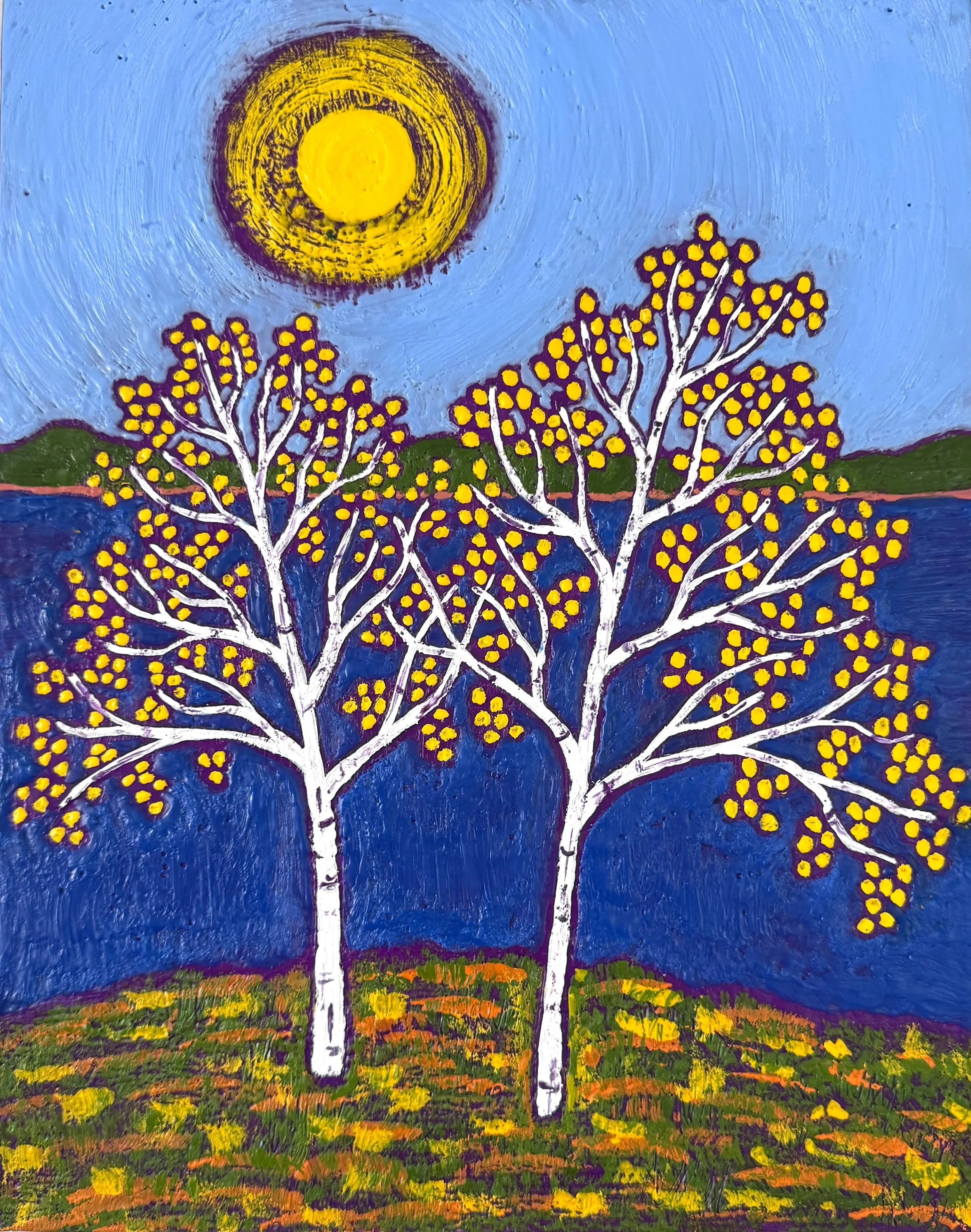And here&rsquo;s the finished painting! A little celebration of the warmth of the sun on a beautiful autumn day, with the brilliant golden leaves of the birch tree vibrating against a bold blue sky. If this looks a little familiar, that&rsquo;s becau