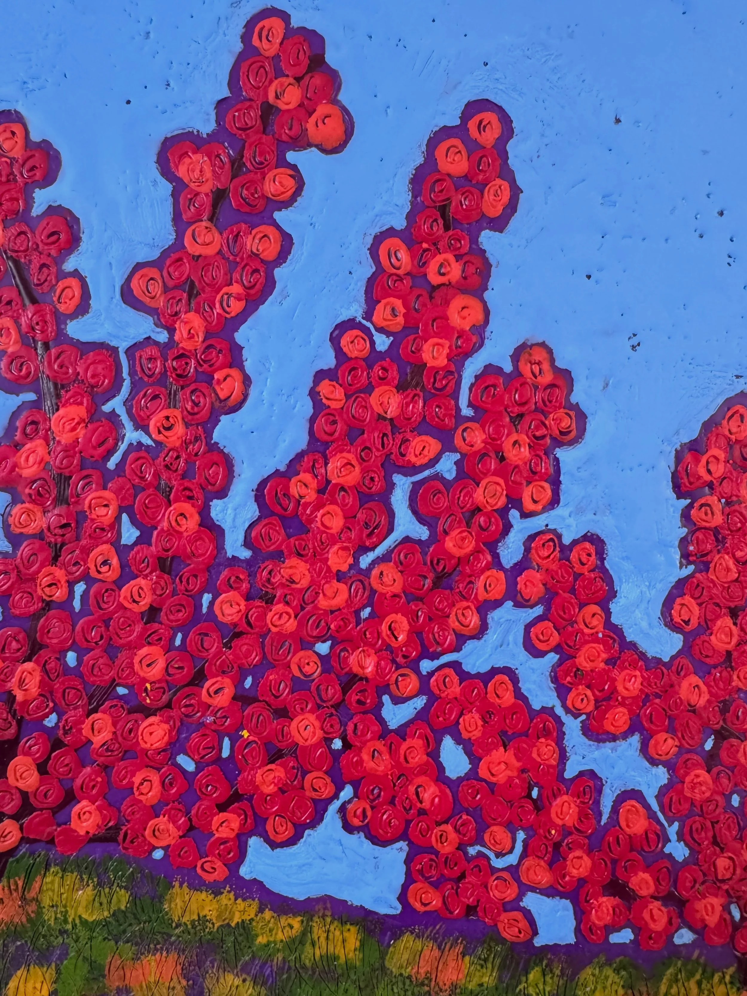 My paintings are all about joyful color and textured, highly-tactile surfaces. I build up layers and layers of molten beeswax, and then incise or scrape away details with pottery tools. If you&rsquo;re curious to learn more about encaustic painting a