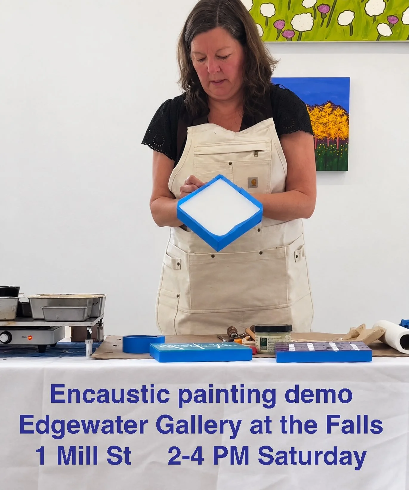Painting demonstration today, 2-4 PM at Edgewater Gallery by the Falls in Edgewater, VT! Come watch me create a birch tree painting. I&rsquo;ll be sharing my techniques for creating paintings in the encaustic medium, using hot, pigmented beeswax. Sto