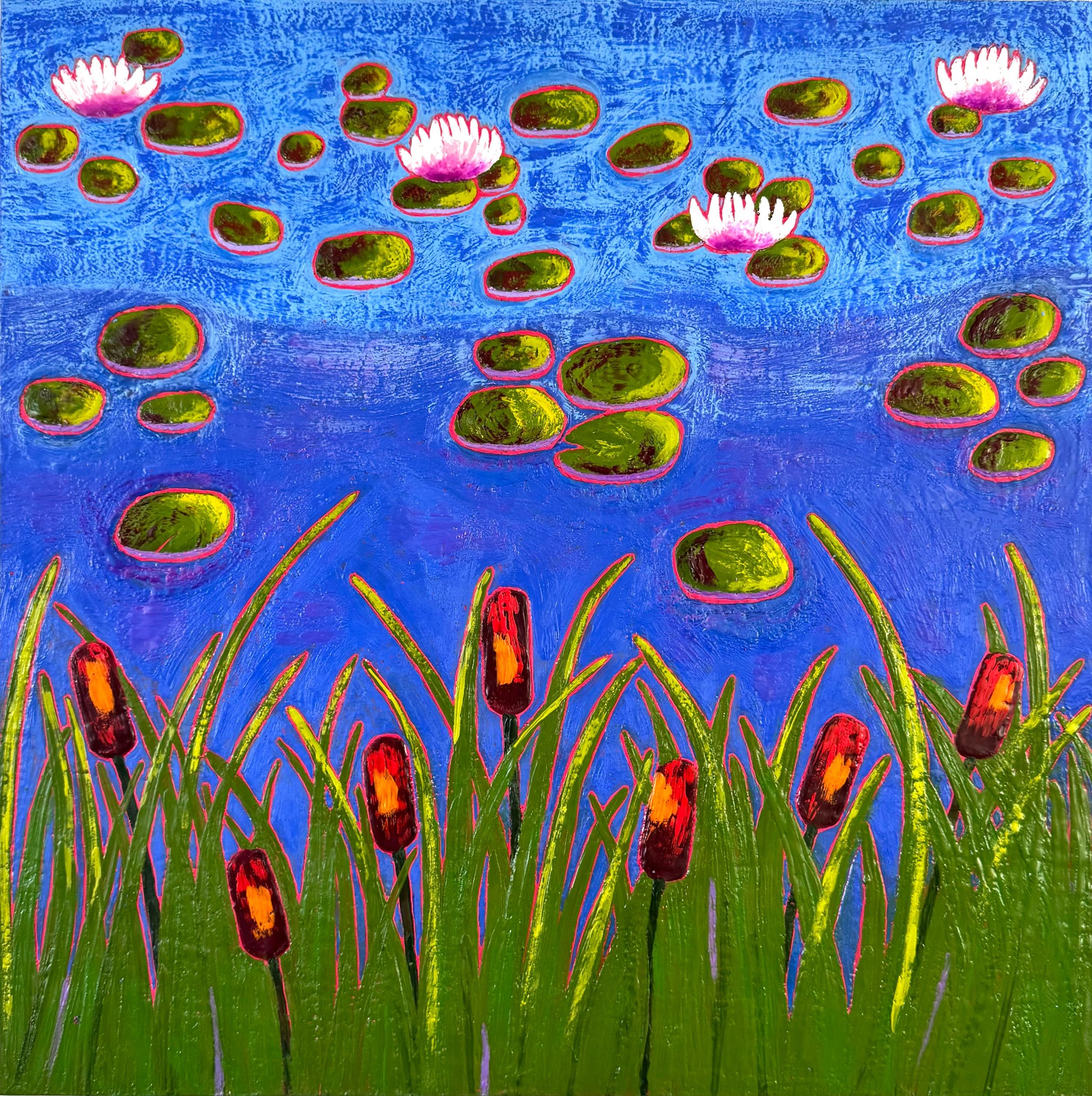 Lily Pond I, 24&rdquo; x 24&rdquo; encaustic on panel, one of many colorful encaustic landscapes that will be on display at open studios tomorrow night. SoWa First Friday Open Studios, 450 Harrison Ave, studio 225, 5-9 PM. I hope you can stop by and 