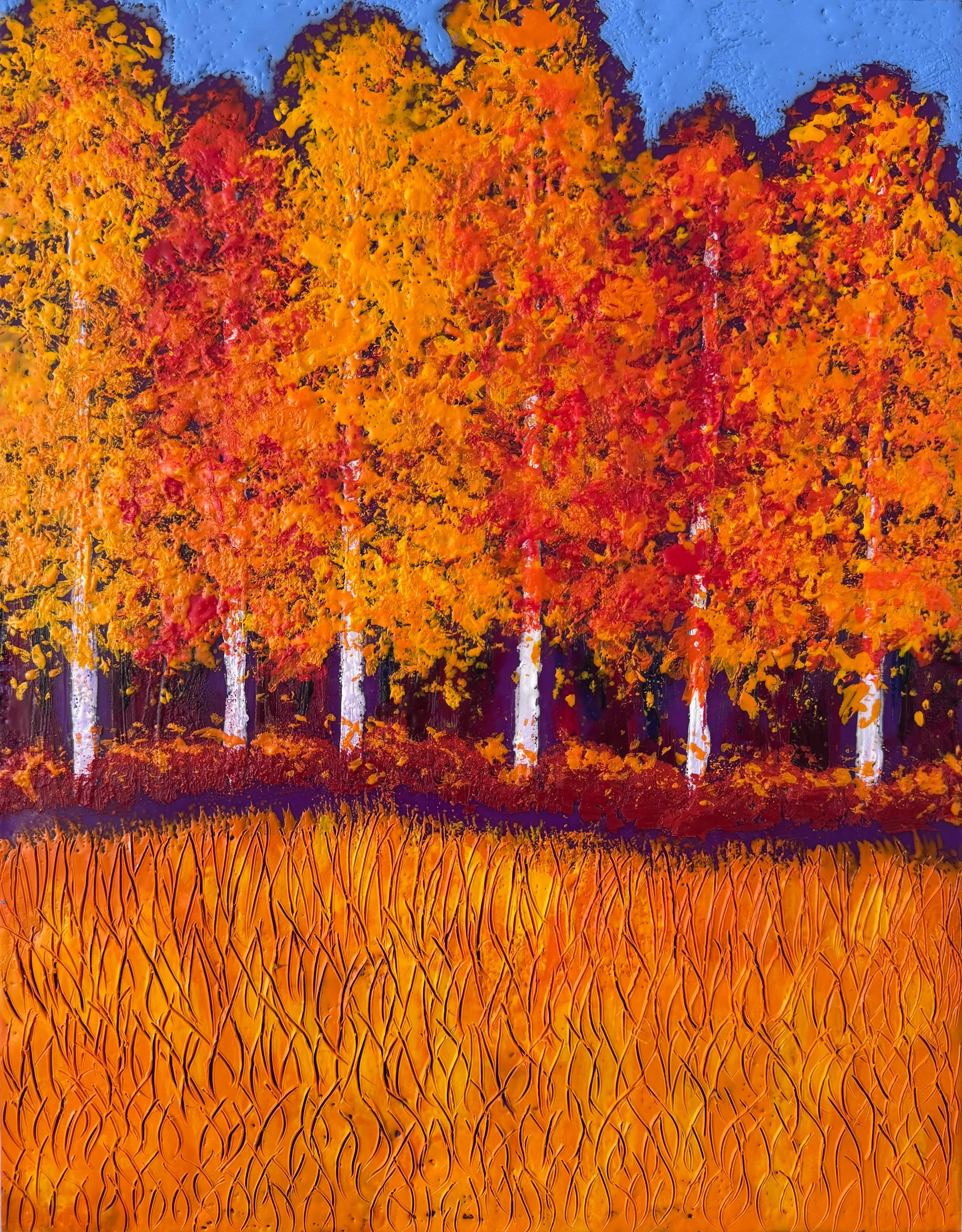 Another little autumn beauty brimming with color and texture. Resplendent, 14&rdquo; x 11,&rdquo; encaustic on panel is in my show with Jane Davies @edgewatergalleryvt through October 31st. The first 7 or 8 layers of pigmented wax are deep violet, wh