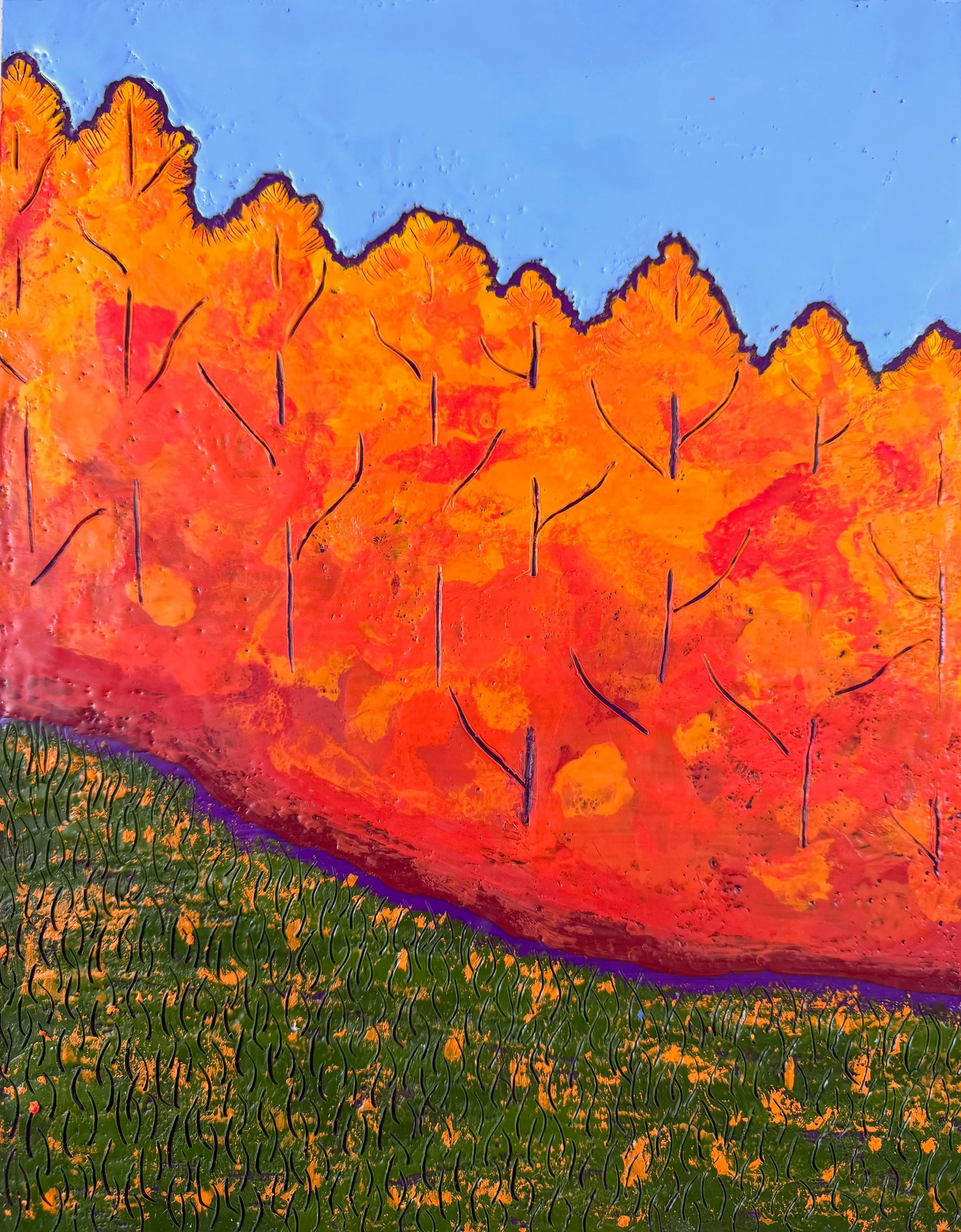 Here&rsquo;s another smaller autumn painting from my current show with Jane Davies @edgewatergalleryvt - Peak Season, 14&rdquo; x 11&rdquo; encaustic on panel. This one also has a deep violet underpainting, and I carved through the tree canopy with p