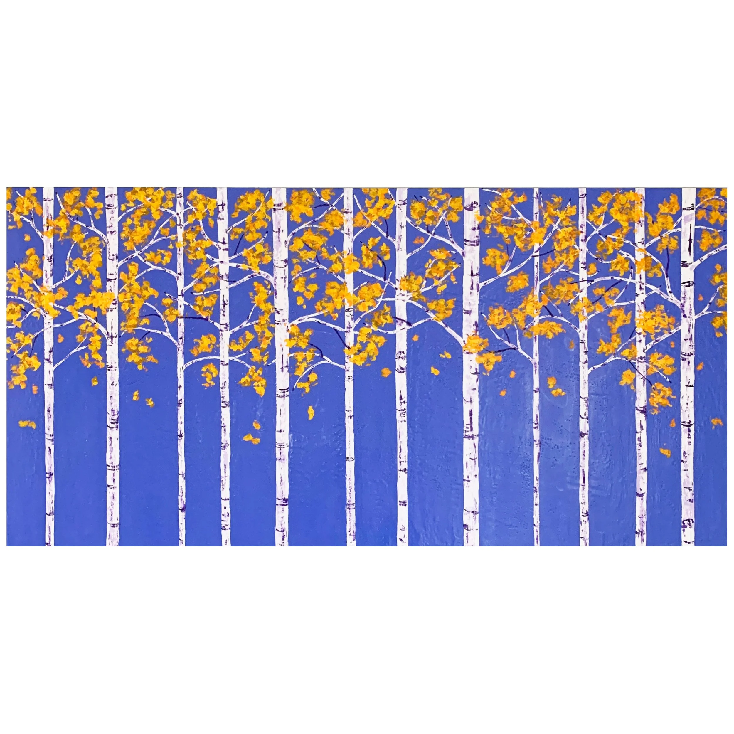🔴 Thrilled that Free Falling has found a new home. This piece is all about the perfect color contrast of golden foliage against a brilliant blue sky, and the rhythmic patterning of the birch trunks and branches. 
.
.
🖼️ Free Falling, 24&rdquo; x 48