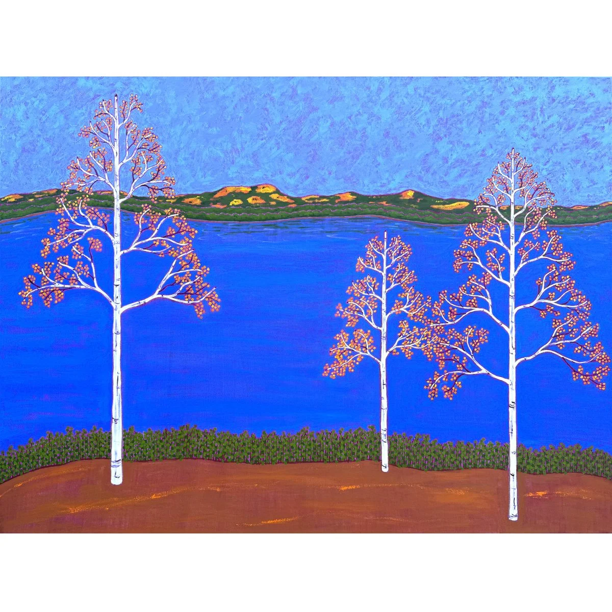 Three birches at peak foliage with golden canopies set against a brilliant blue lake. The far shore has equally vivid foliage on the mountain peak.