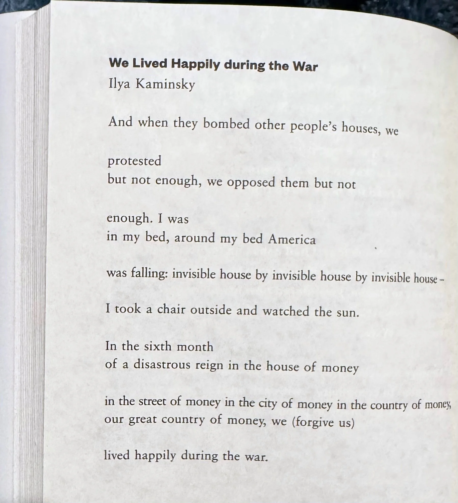A poem about complicity, written by Ukranian refugee Ilya Kaminsky. Featured in the poetry anthology Poetry Unbound by Pádraig Ó Tuama