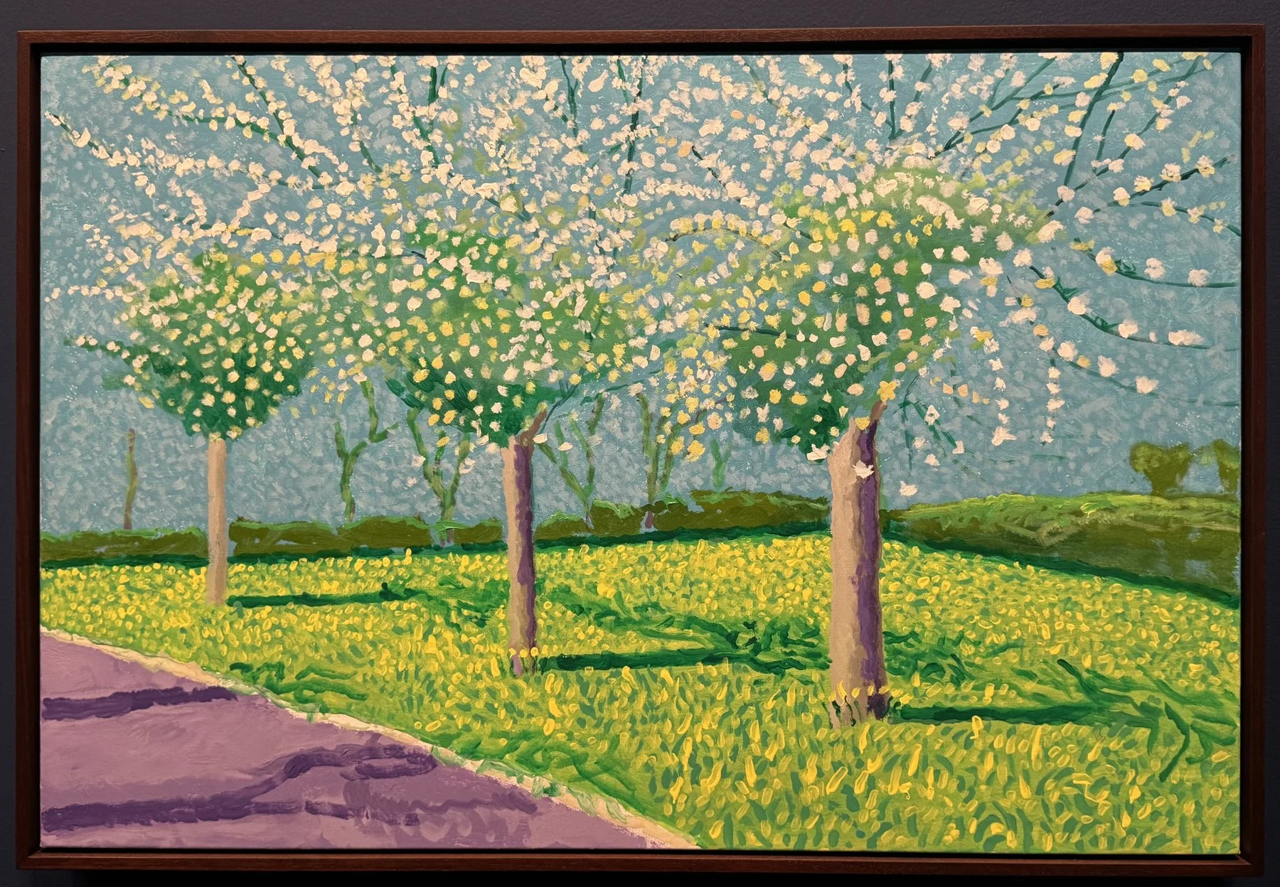 A painting of three apple trees in spring by David Hockney, with white blossoms literally bursting from the trees.