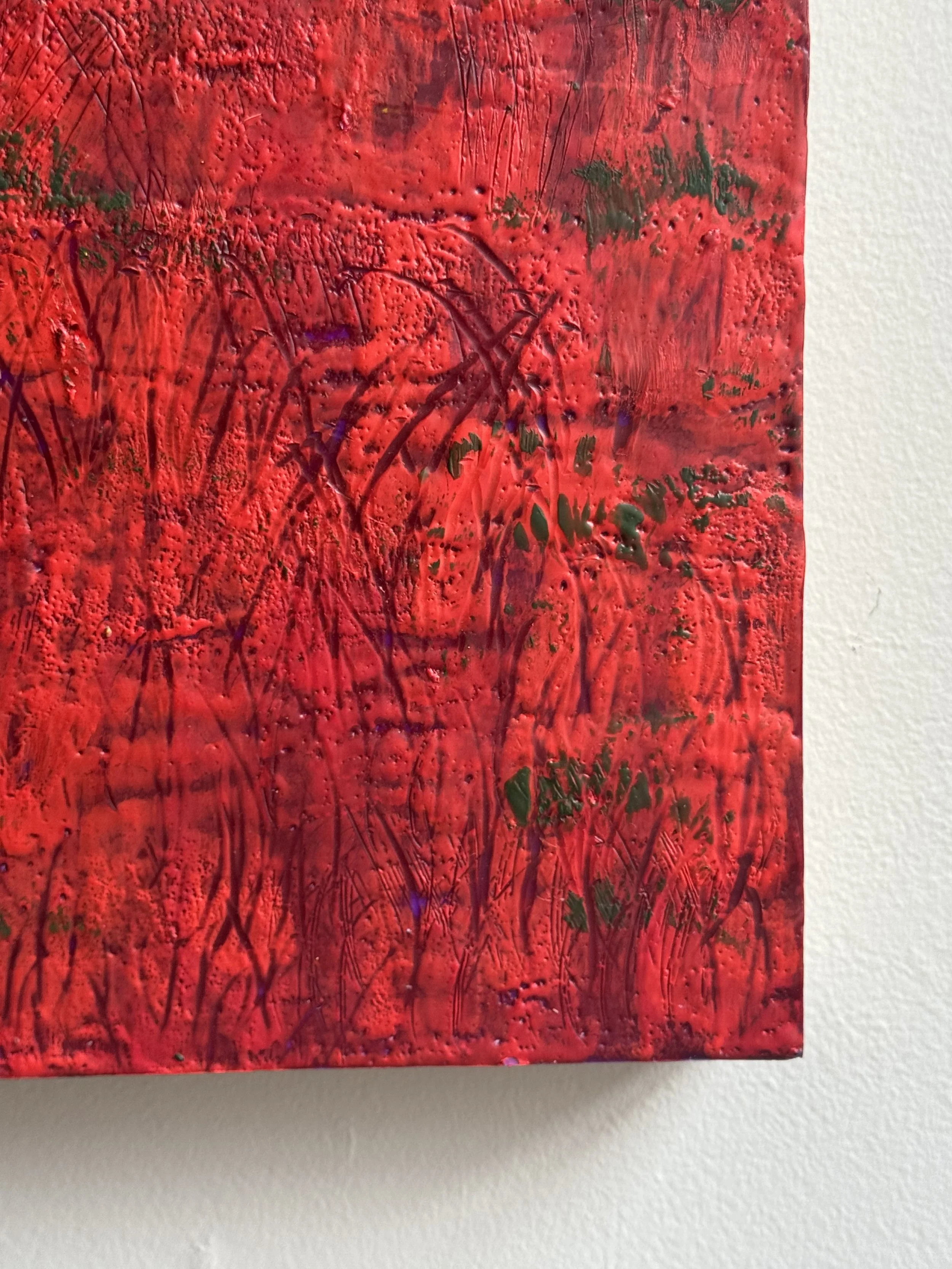 Crimson field painting, red art; blueberry barrens in autumn.
