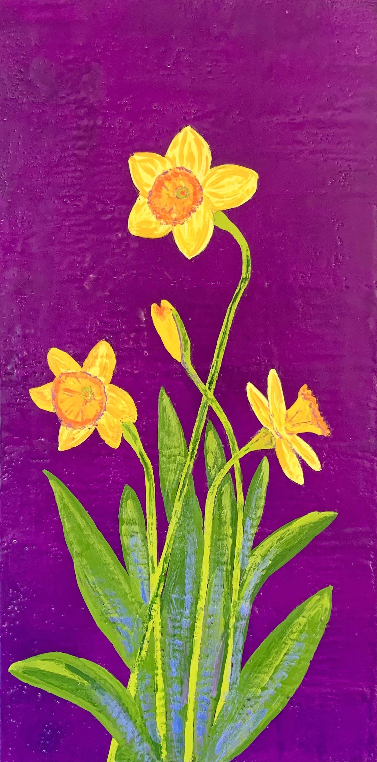 golden daffodil painting in encaustic, with violet background