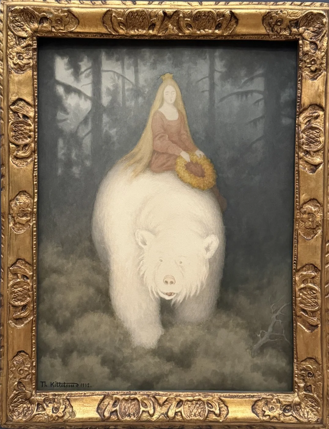 A watercolor, ink and wash painting of the Norwegian folktale White Bear King Valemon, as retold by the folklorists Asbjornsen and Moe. Kittelsen depicts the king - who has been transformed into a bear - and the princess at a magical moment.