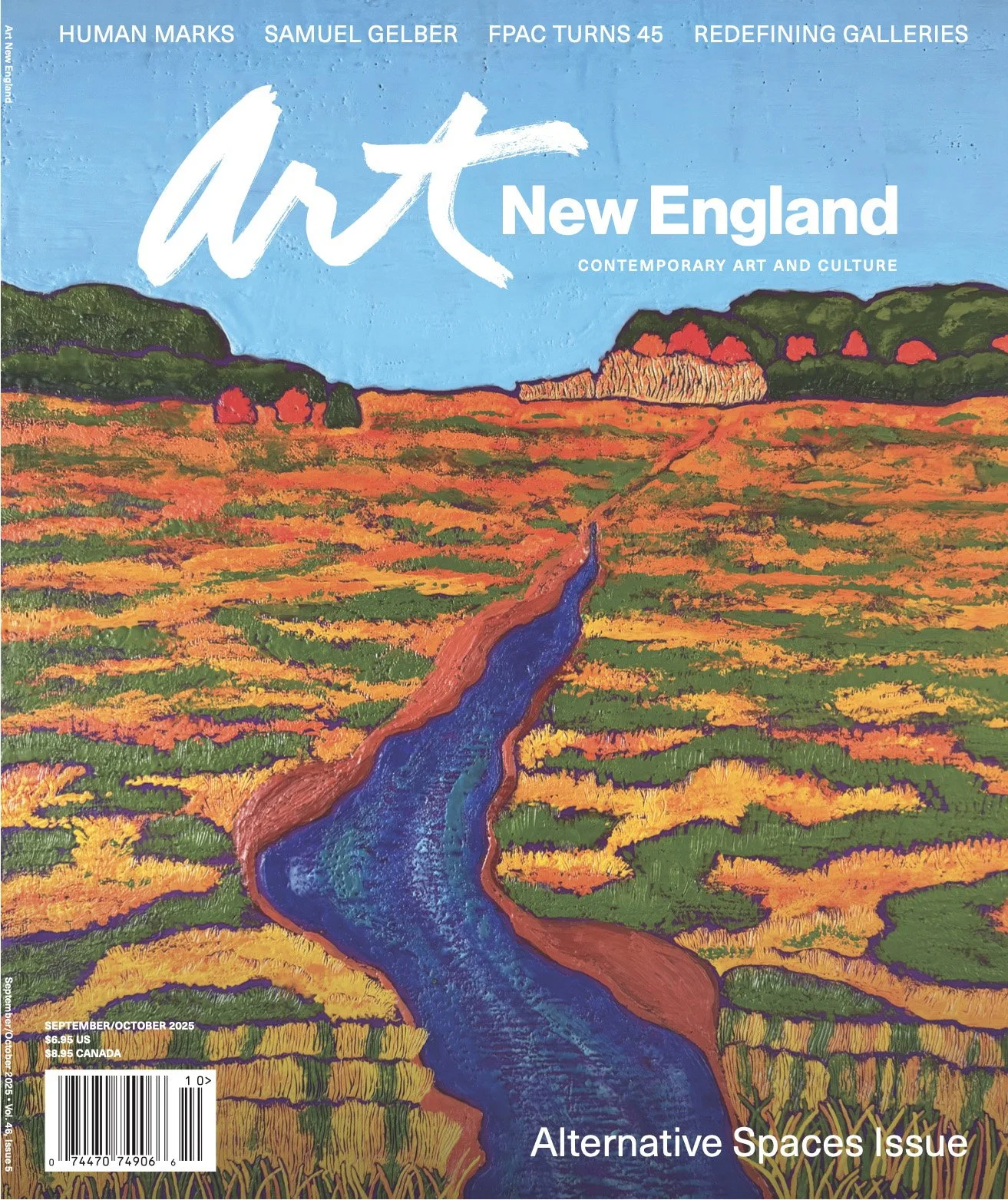 A colorful autumn marsh painting in yellows, golds, and greens by Maine encaustic artist Marcia Crumley on the cover of Art New England