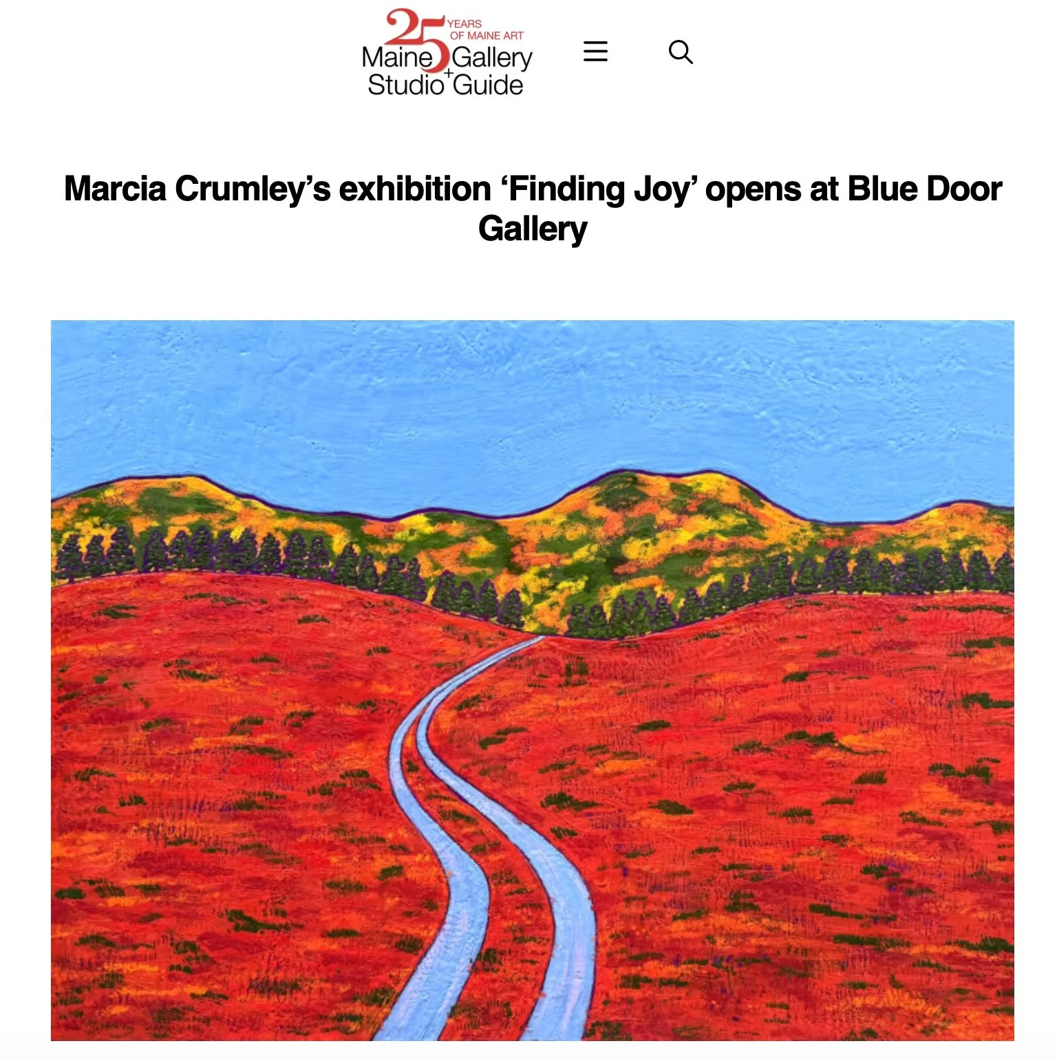 Brilliant red blueberry barrens in October with a purple road heading to distant mountains.