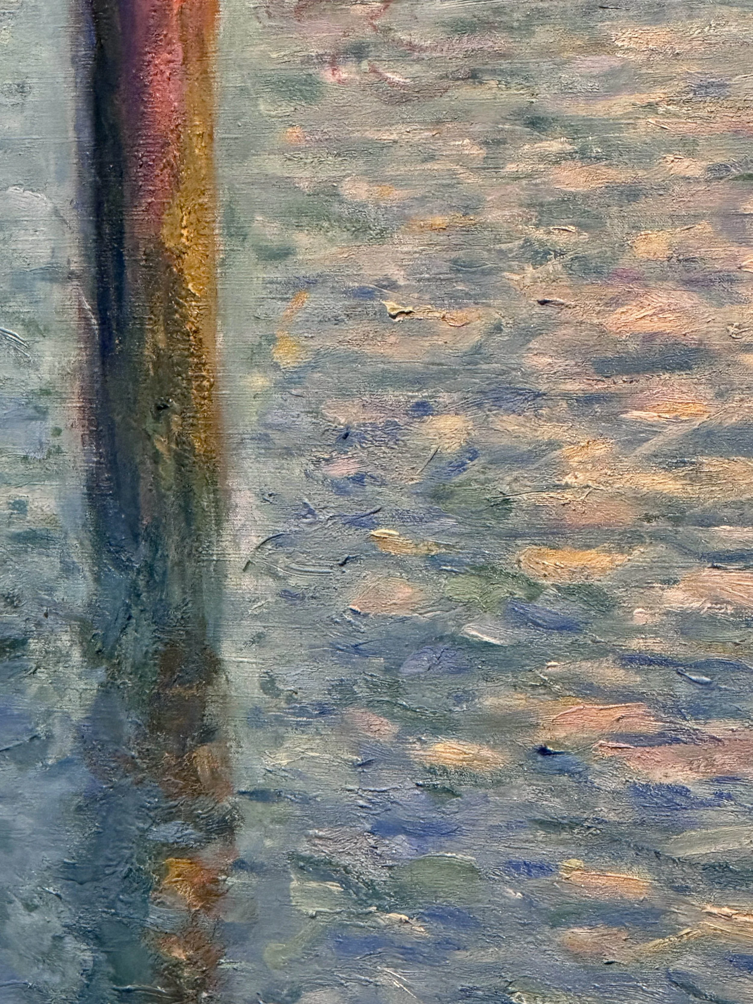 This detail from Monet's Venice canal painting shows how his soft brushstrokes make the solid wooden mooring post (pali) literally blend into the water.