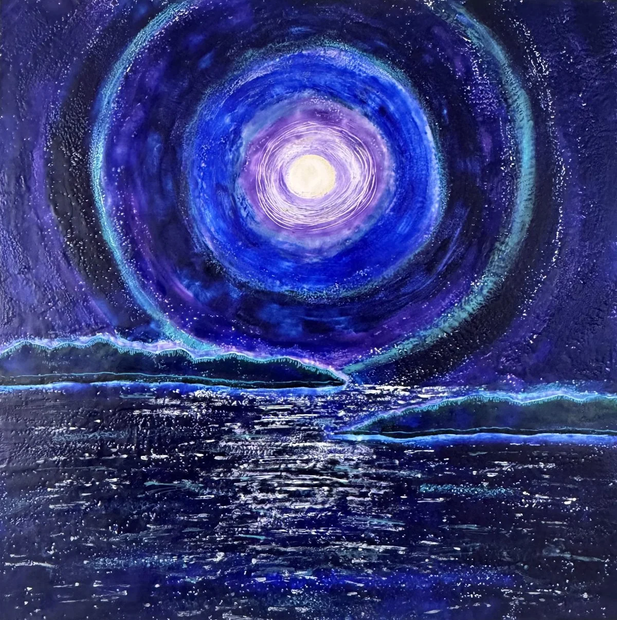 Vibrant moon painting with dominant blues and purples. The moon reflections are dancing across the water.