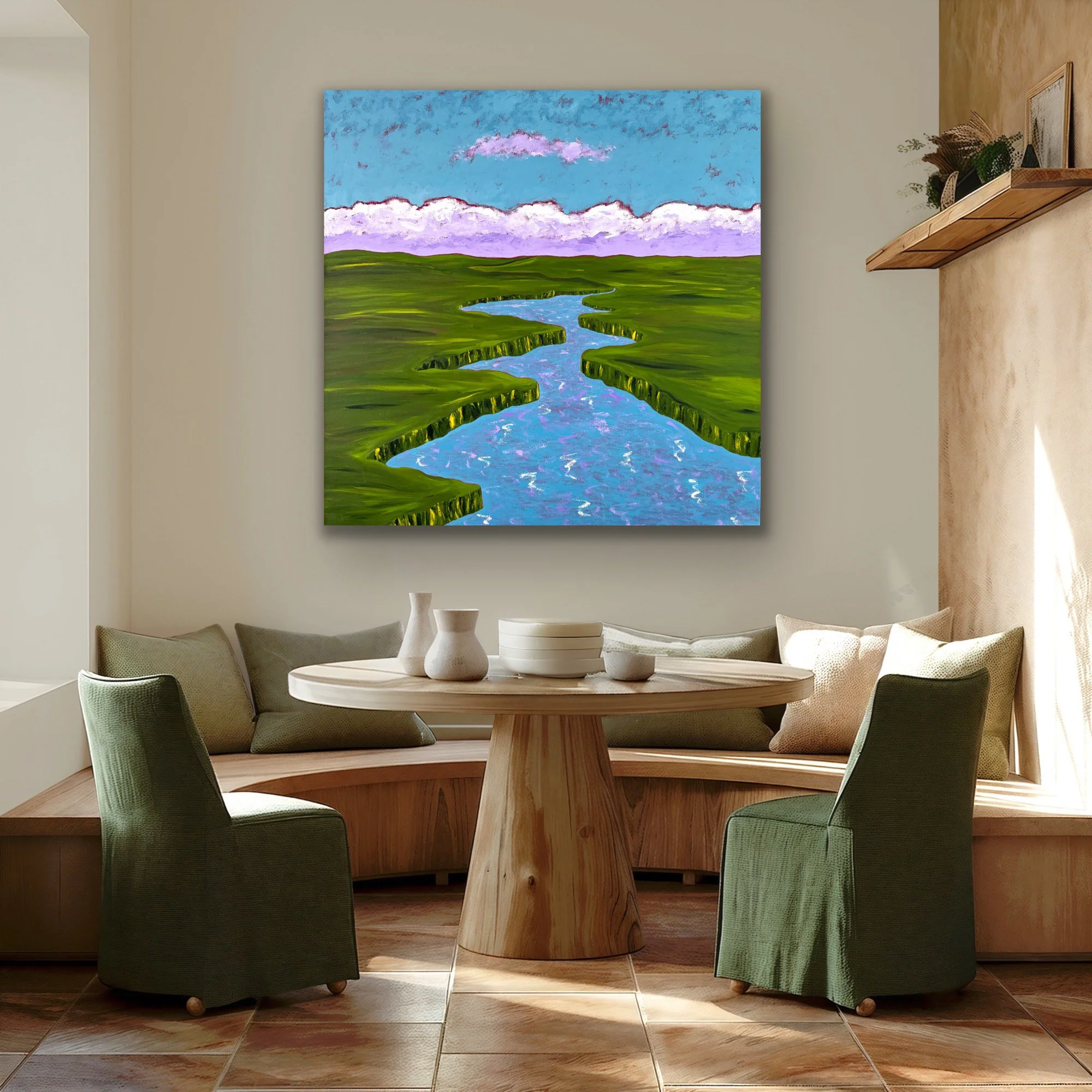 Painting of a peaceful morning marsh at low tide, with purple and white clouds reflecting on the calm surface of the water.