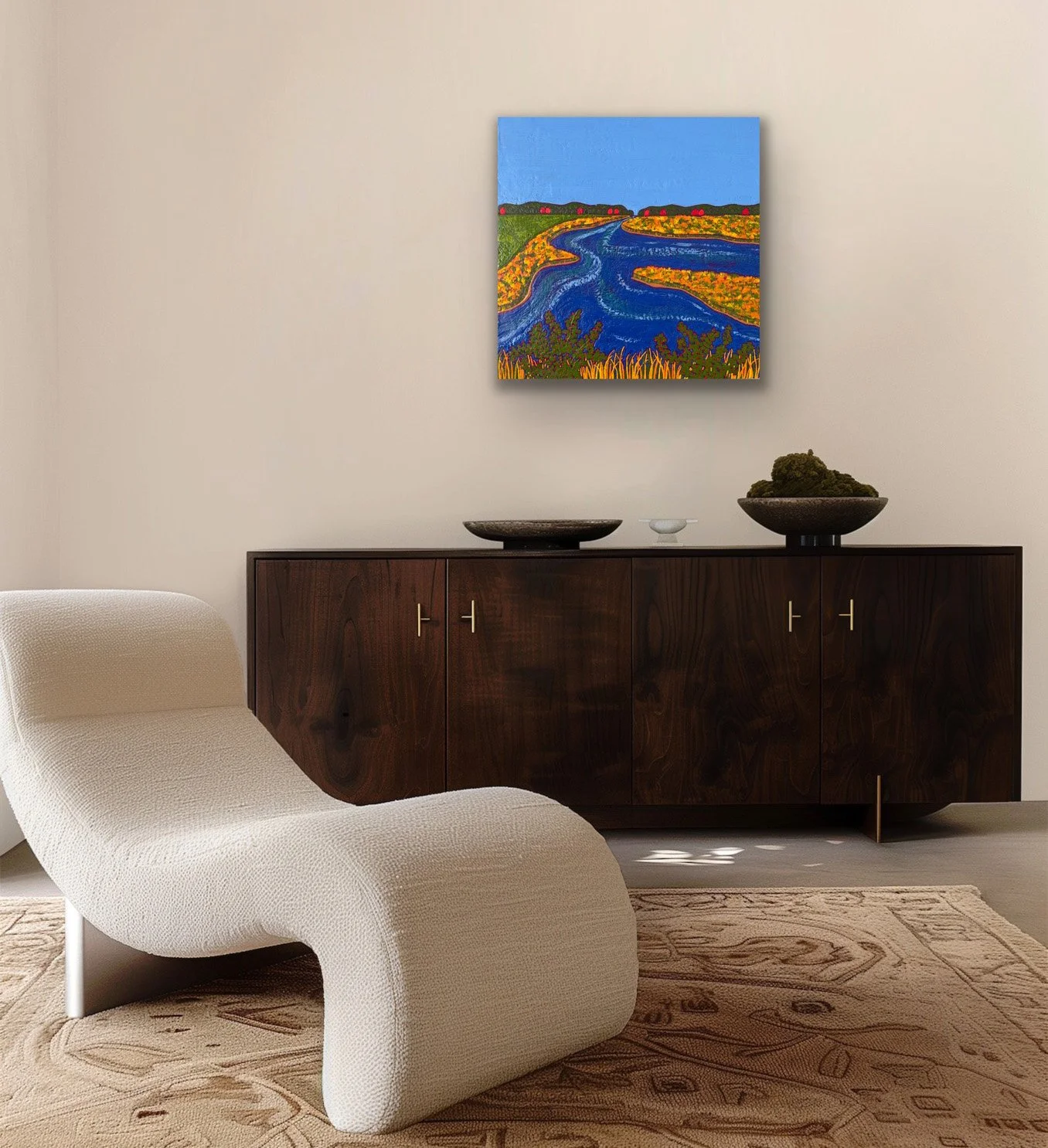 Golden grasses bring warmth and serenity to this tranquil autumn marsh painting.