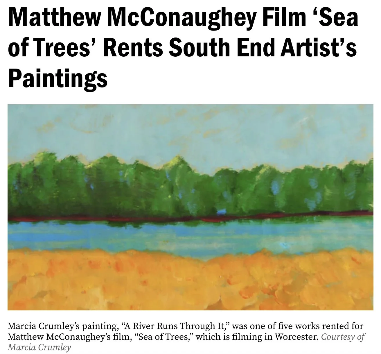 A river painting with bands of golden orange, blue and green.