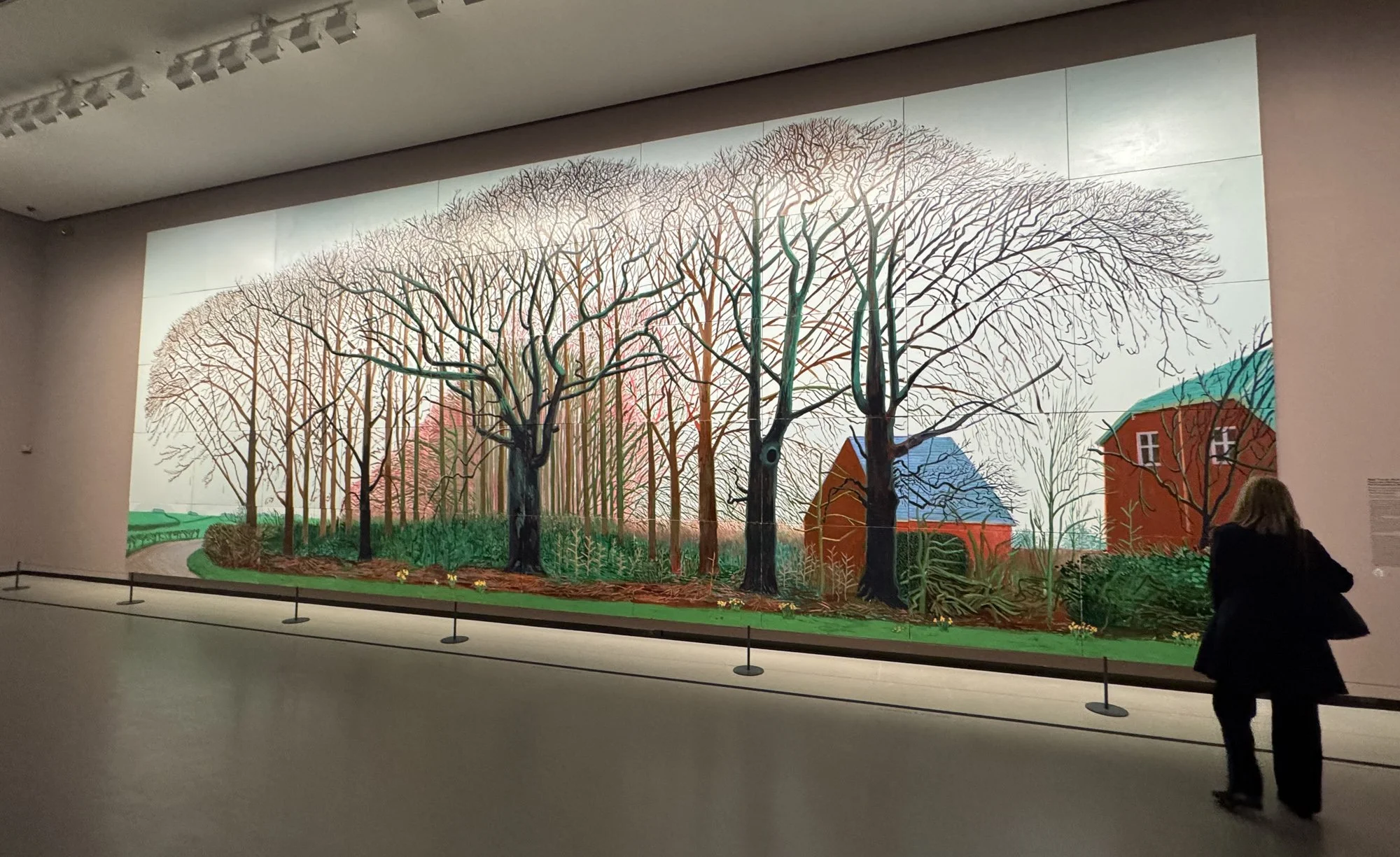 David Hockney winter painting of tall, bare trees. Painted on 50 panels, it's roughly 15 x 40 feet.
