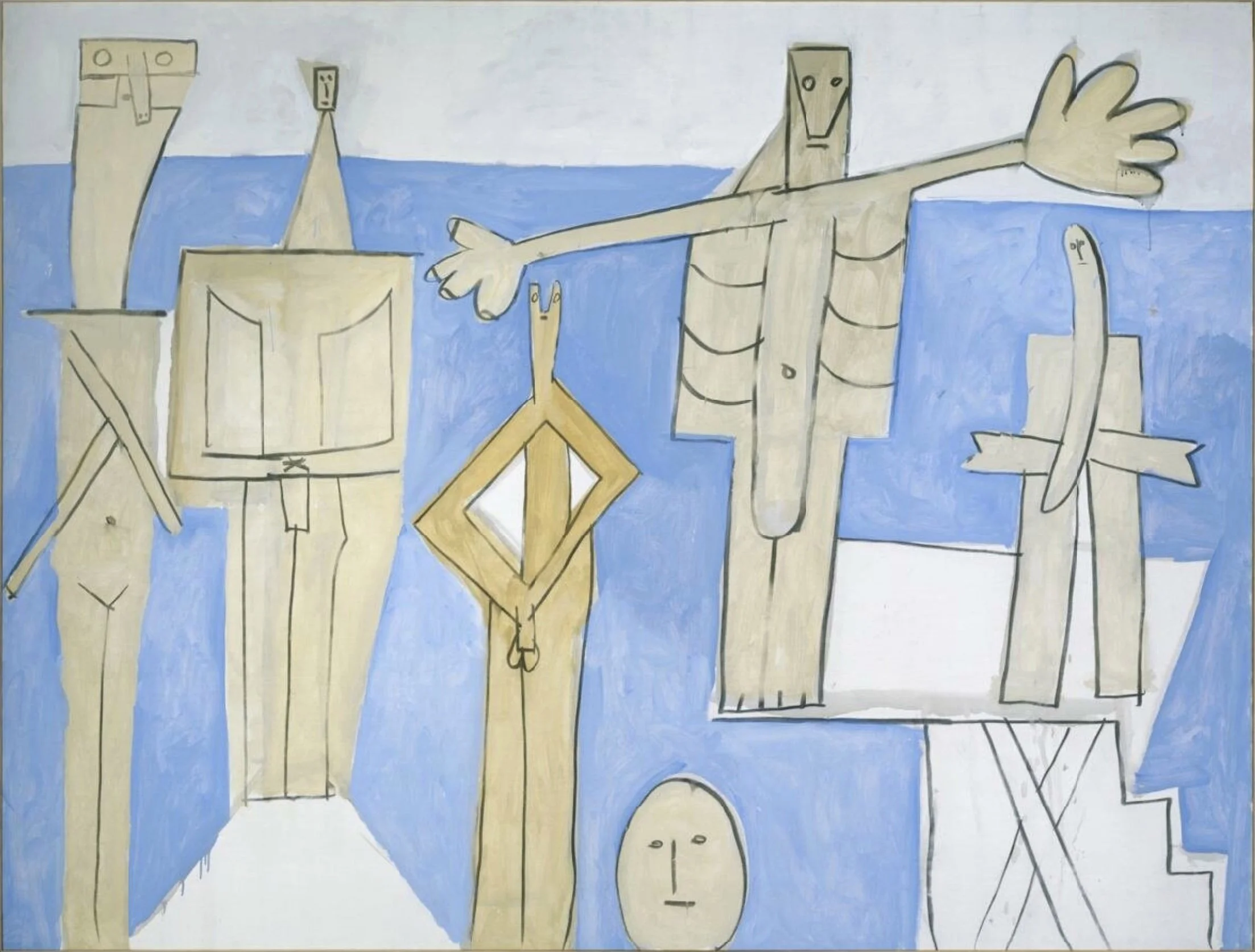 Aqua blue predominates in this painting of bathers and swimmers by Picasso. It contains highly simplified, flat human forms that are thought to resemble the work of his frenemy Matisse.