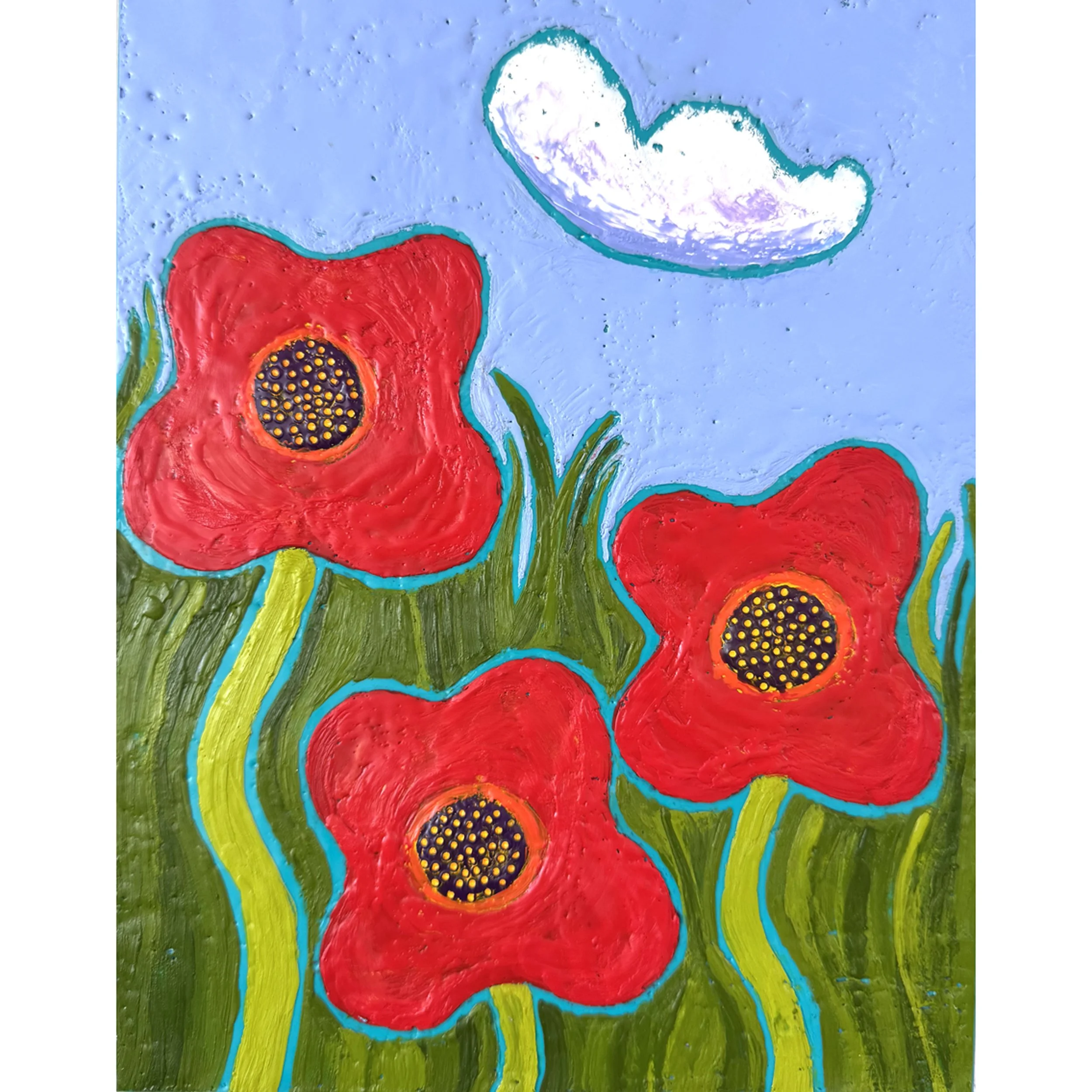 Small poppy painting of three bright red poppies set against a bright blue summer sky. This painting evokes memories of carefree summer days.