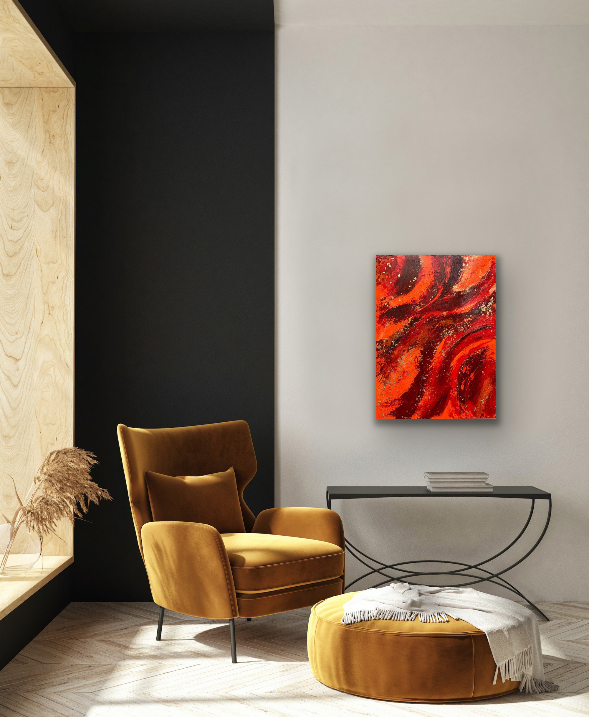 abstract orange and gold wall art with various shades or orange and embedded gold leaf