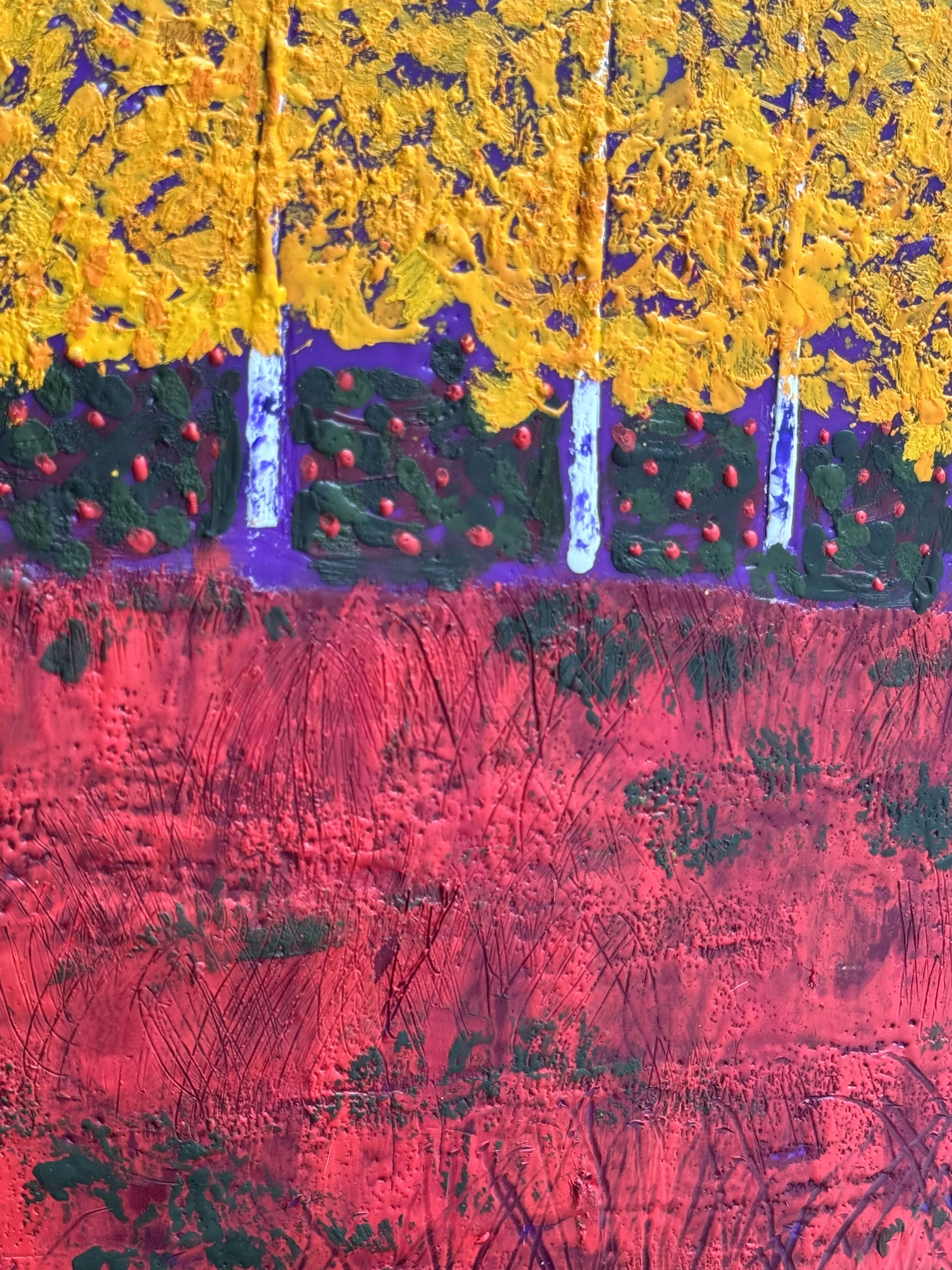 Joyful, layered landscape; mostly red landscape painting