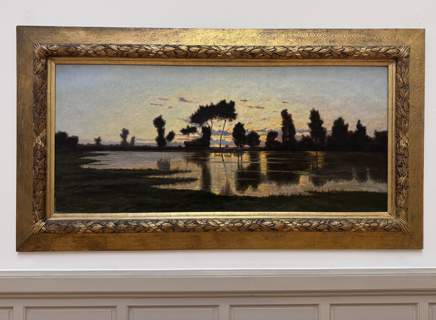 A moody, tonalist landscape by Swiss artist Adolphe Potter whose tones and mood reveal his Barbizon school influence. Deep earth tones predominate.