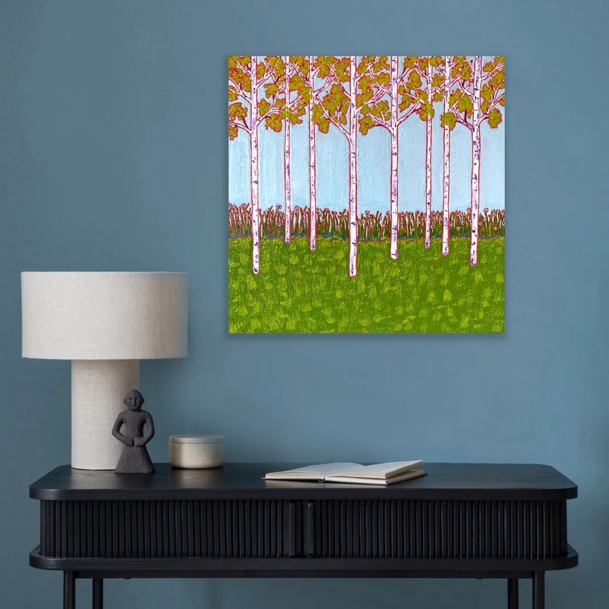 spring encaustic birch tree painting with robins egg blue sky