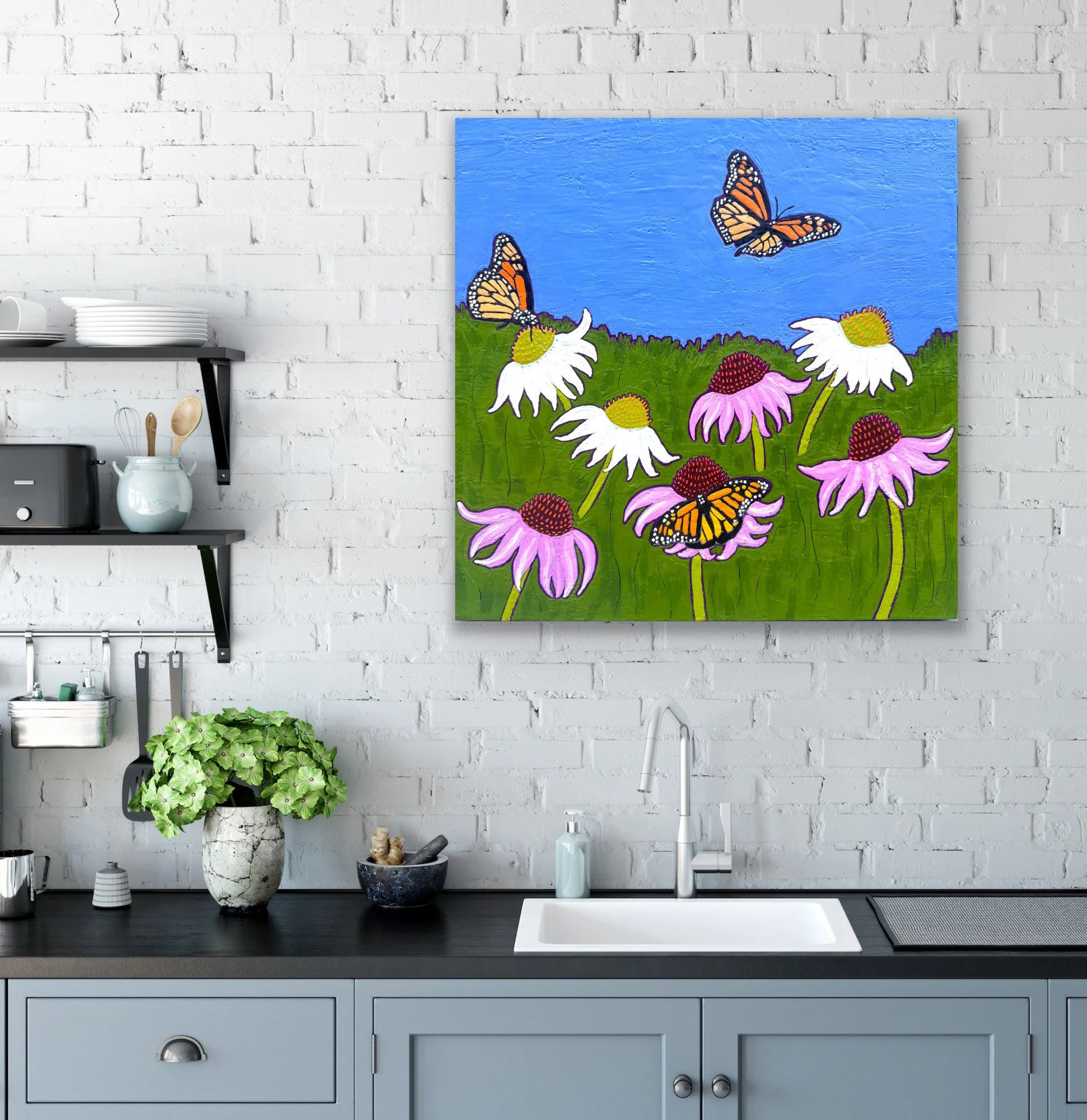 monarch-butterfly-painting of annual monarch migration to Mexico. Encaustic painting by Maine artist Marcia Crumley.