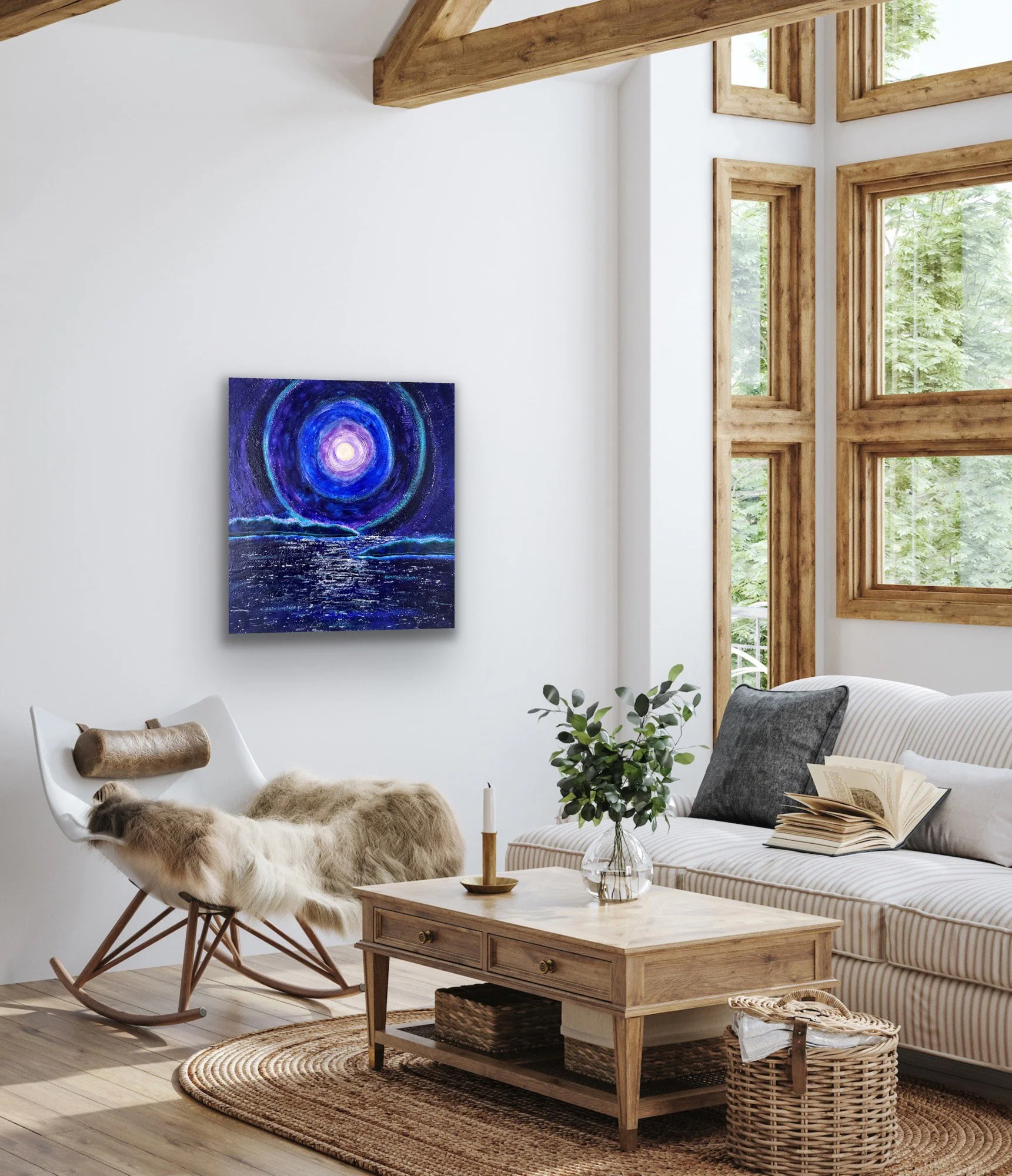 Luminous blues and purples dominate this painting of a moon rising behind an island by Maine encaustic artist Marcia Crumley.