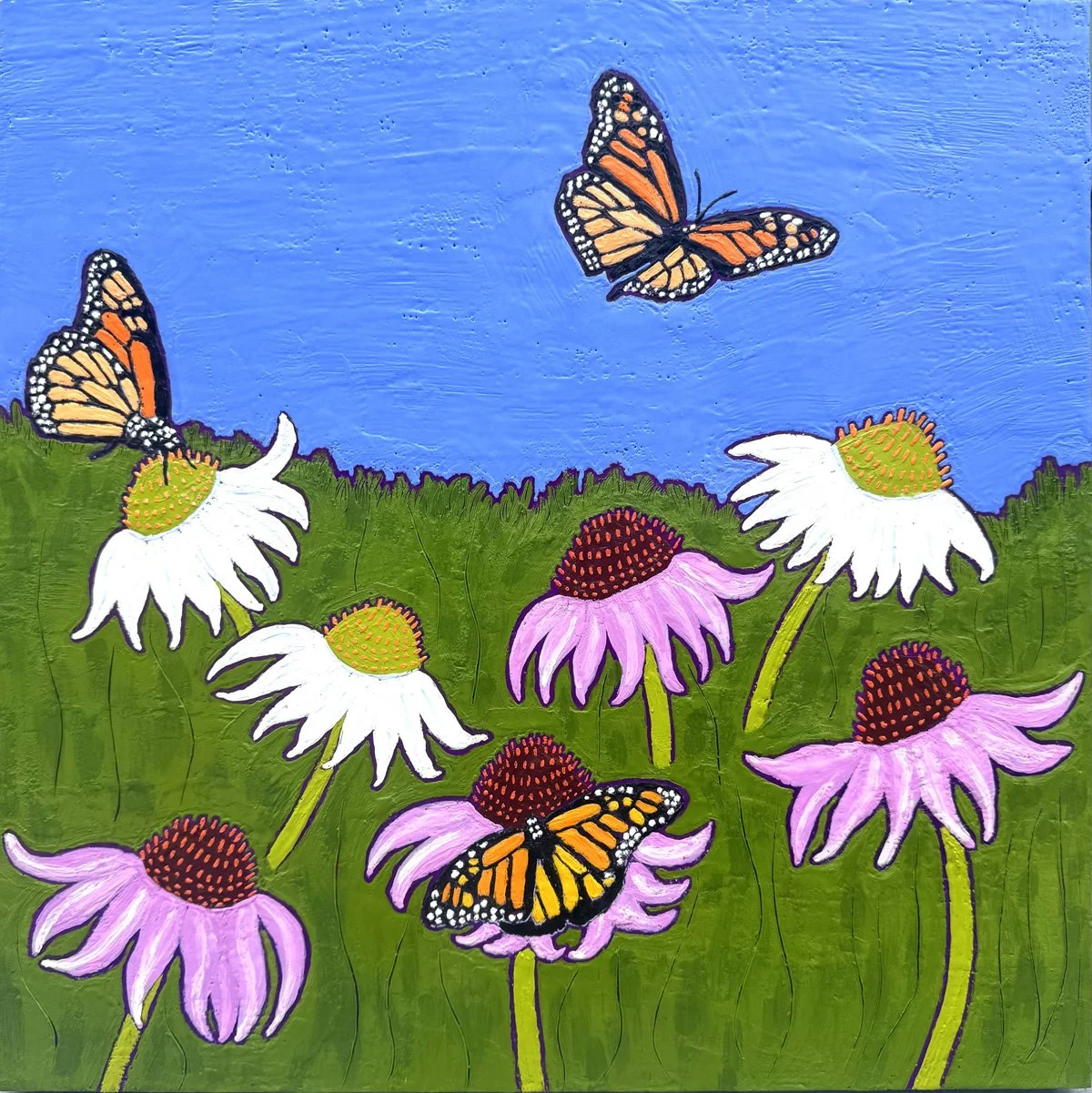 monarch-migration-painting of monarch butterflies in flight and resting on purple coneflowers. The vibrant monarch butterflies pop against the bold blue sky.