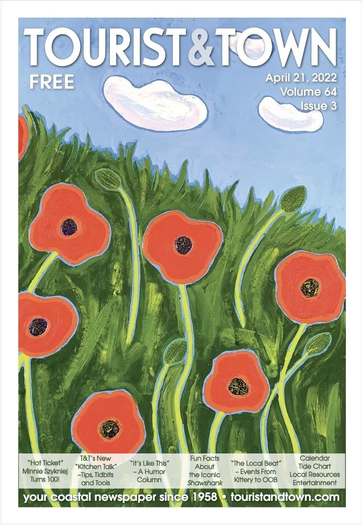 Brilliant red poppies on dancing stems, with clouds floating by.