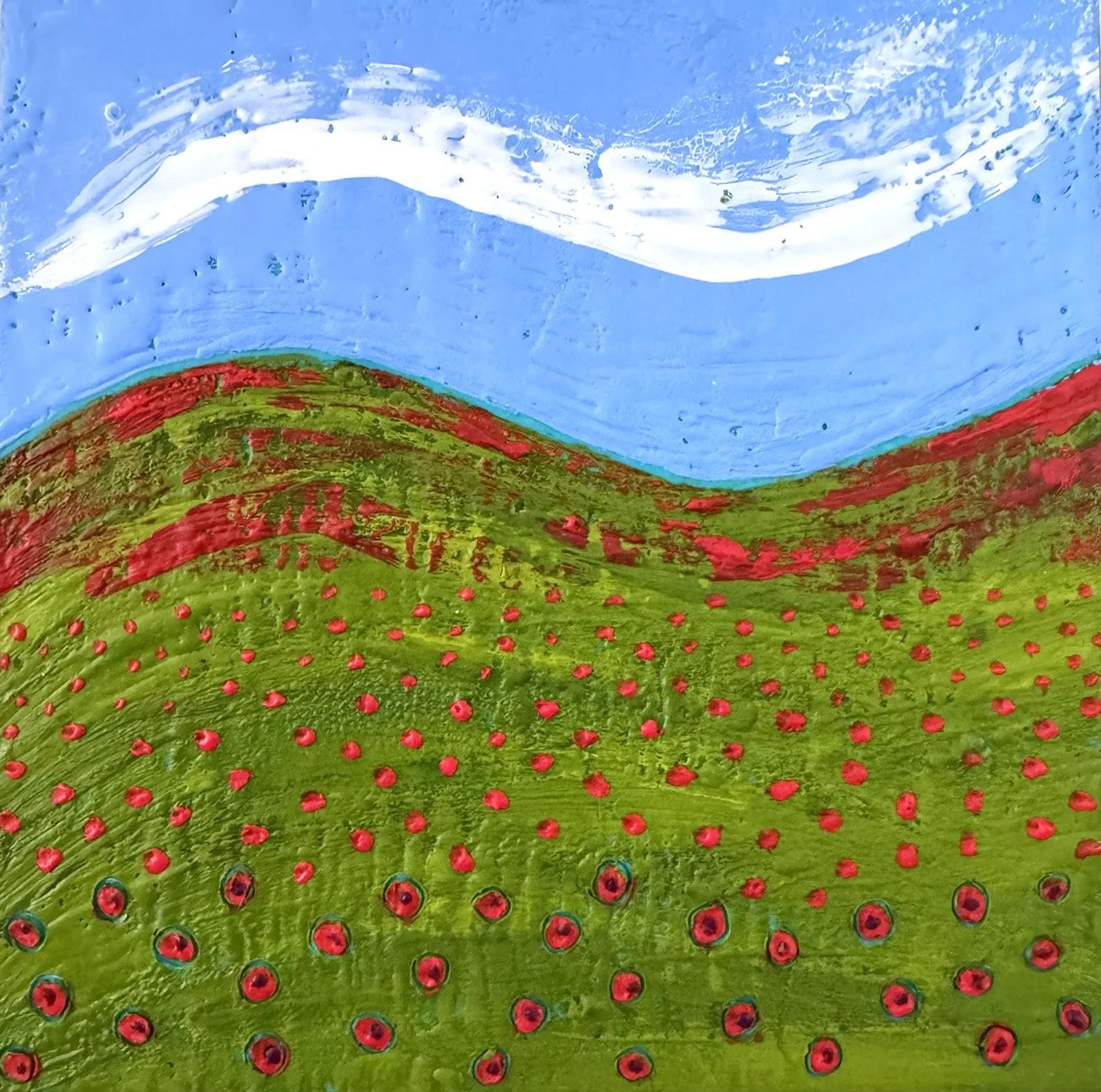 A field of red poppies during a super bloom. The distant, curvy hills are covered in poppies, and the cloud shape echoes the curve of the hills. .jpg