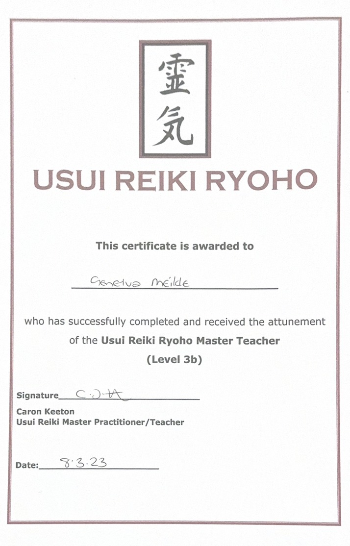 Reiki Level 3b Master Teacher certificate of qualification, featuring calligraphy
