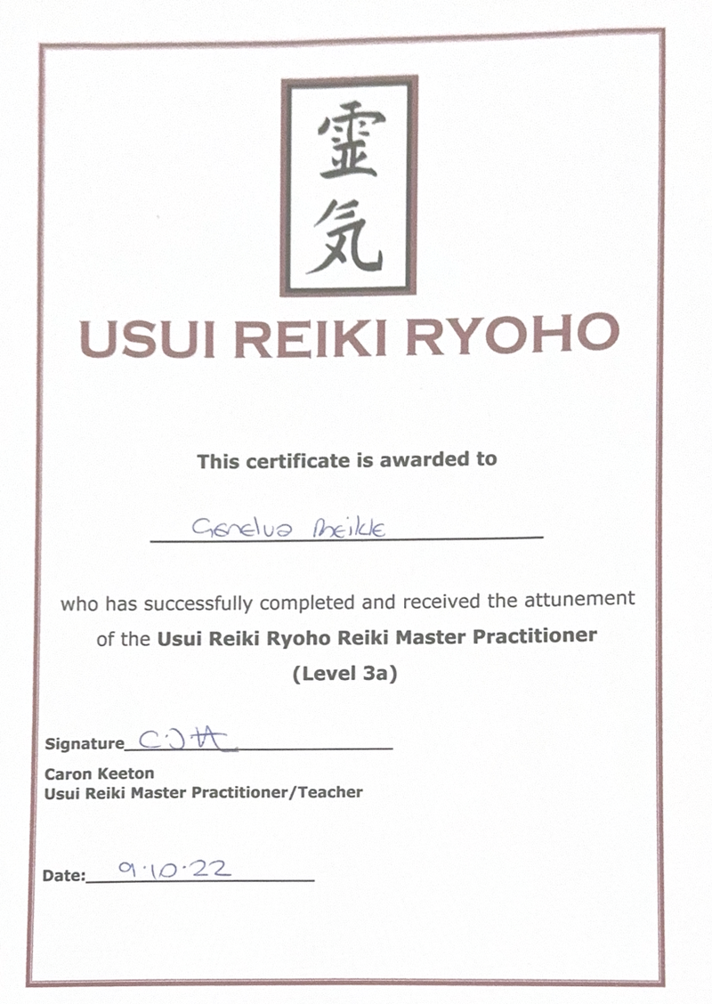 Reiki Level 3 Master Practitioner certificate of qualification, featuring calligraphy
