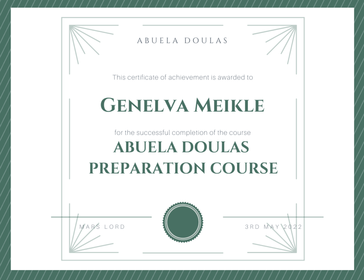 Abuela Doula certificate of qualification, featuring an official green seal