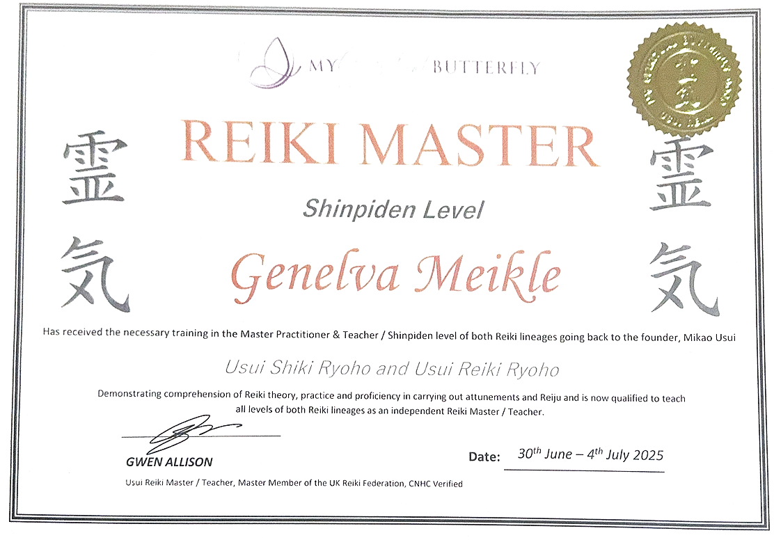 Reiki Level 3 Master Practitioner certificate of qualification, featuring an official gold seal and calligraphy, taken again in 2025