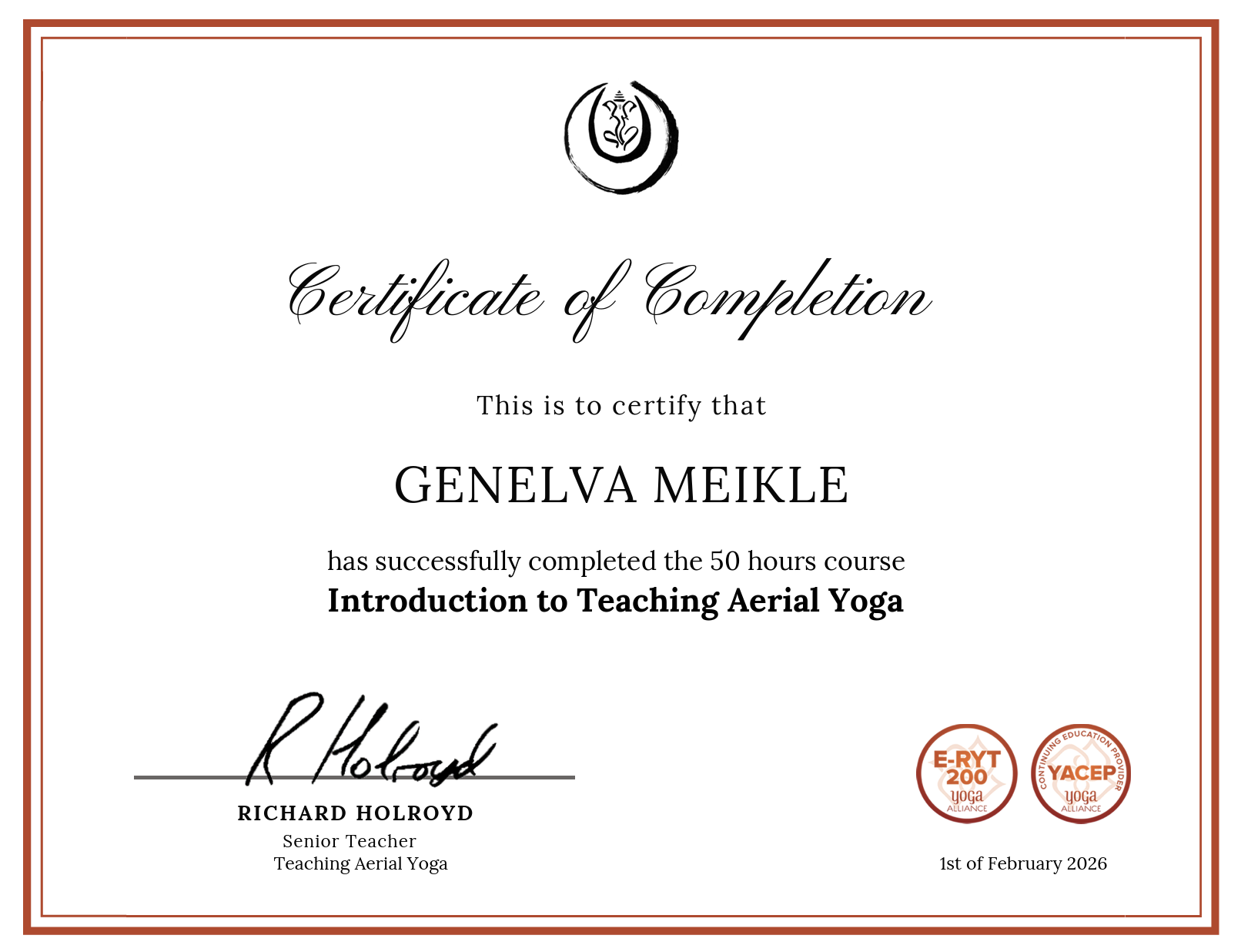Aerial Yoga Teacher certificate of qualification