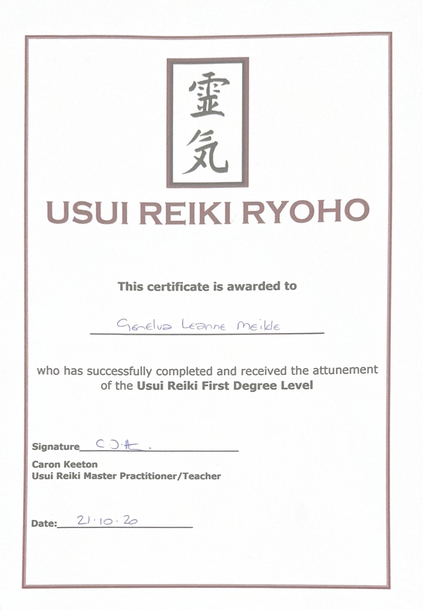 Reiki Level 1 Practitioner certificate of qualification, featuring calligraphy
