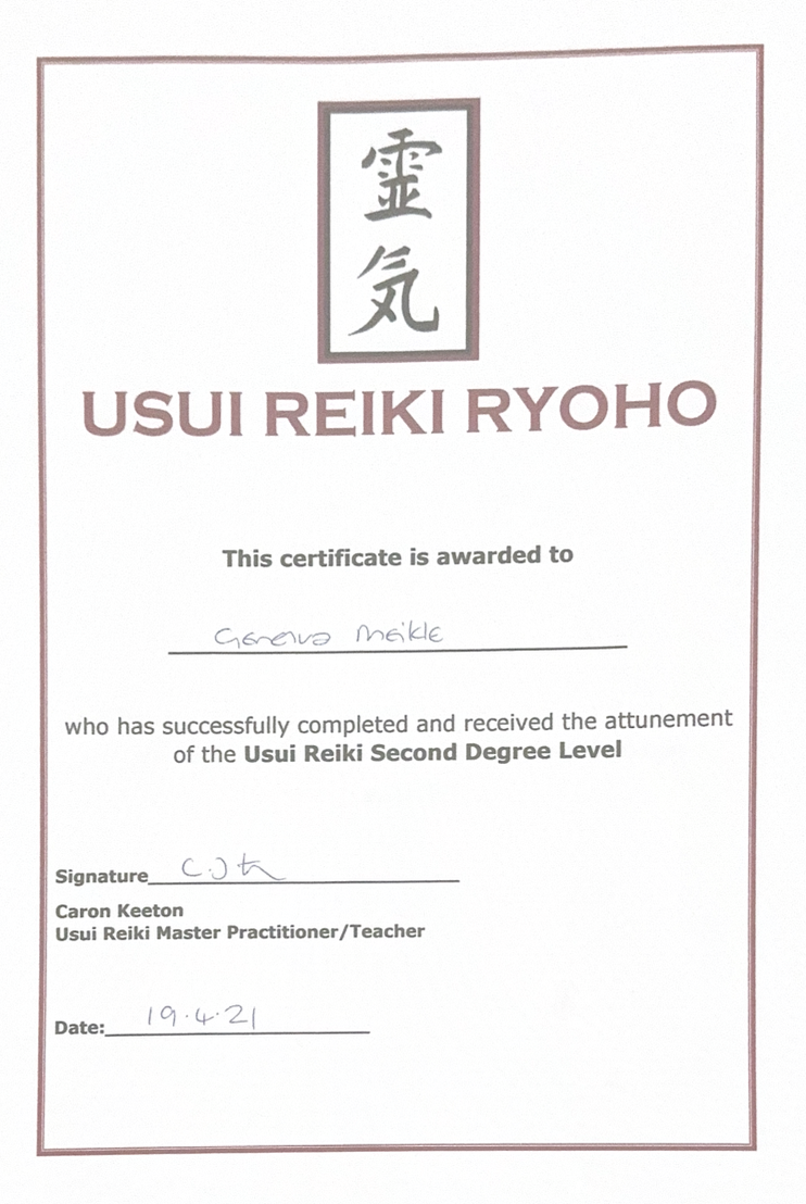 Reiki Level 2 Practitioner certificate of qualification, featuring calligraphy